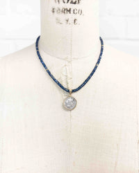 14k Gold Genuine Ancient Roman Coin Pendant on Natural Blue Sapphire Necklace (Roma; 154 B.C.)