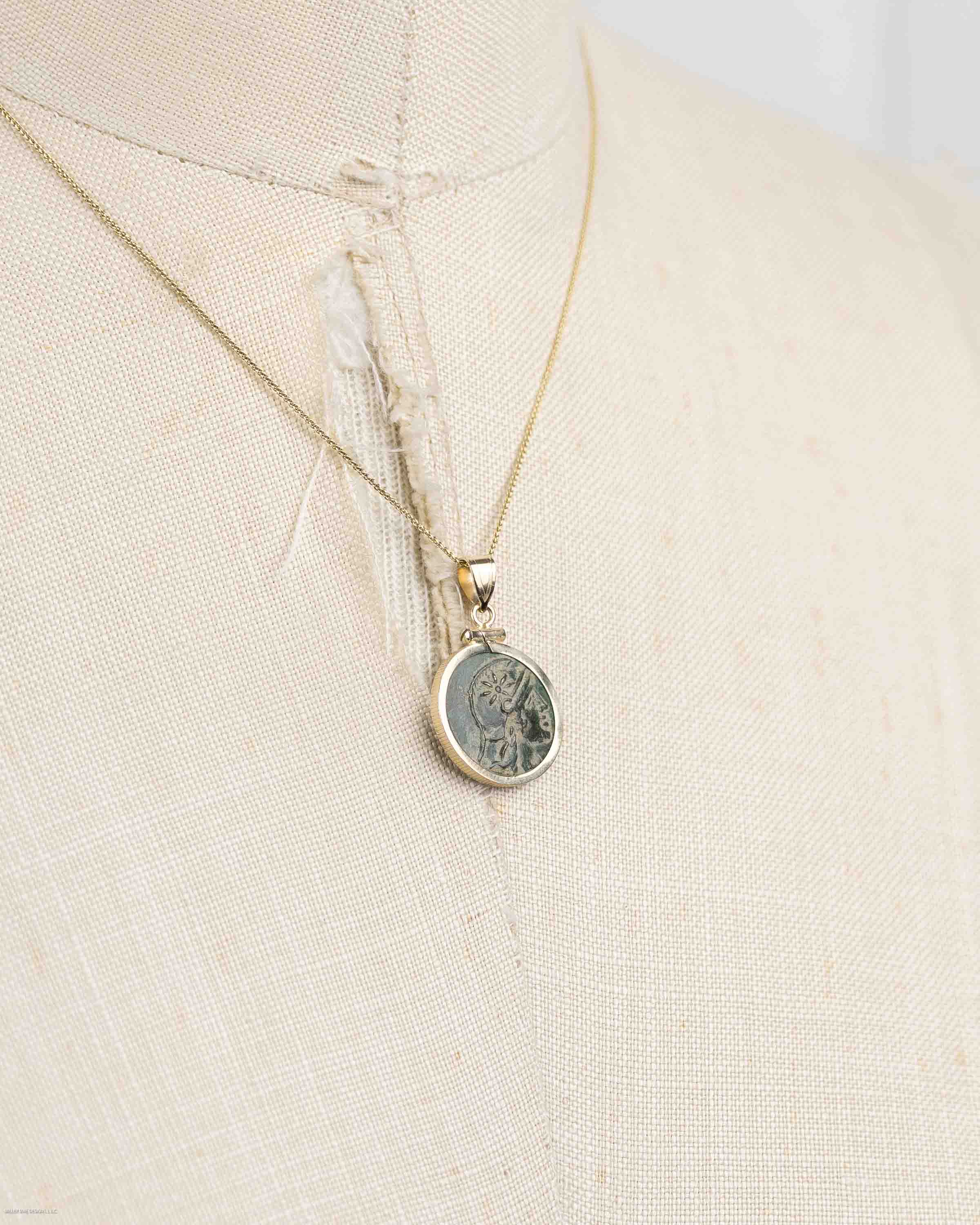 14k Gold Genuine Ancient Greek Coin Necklace (Athena/Owl; 200-133 B.C.)