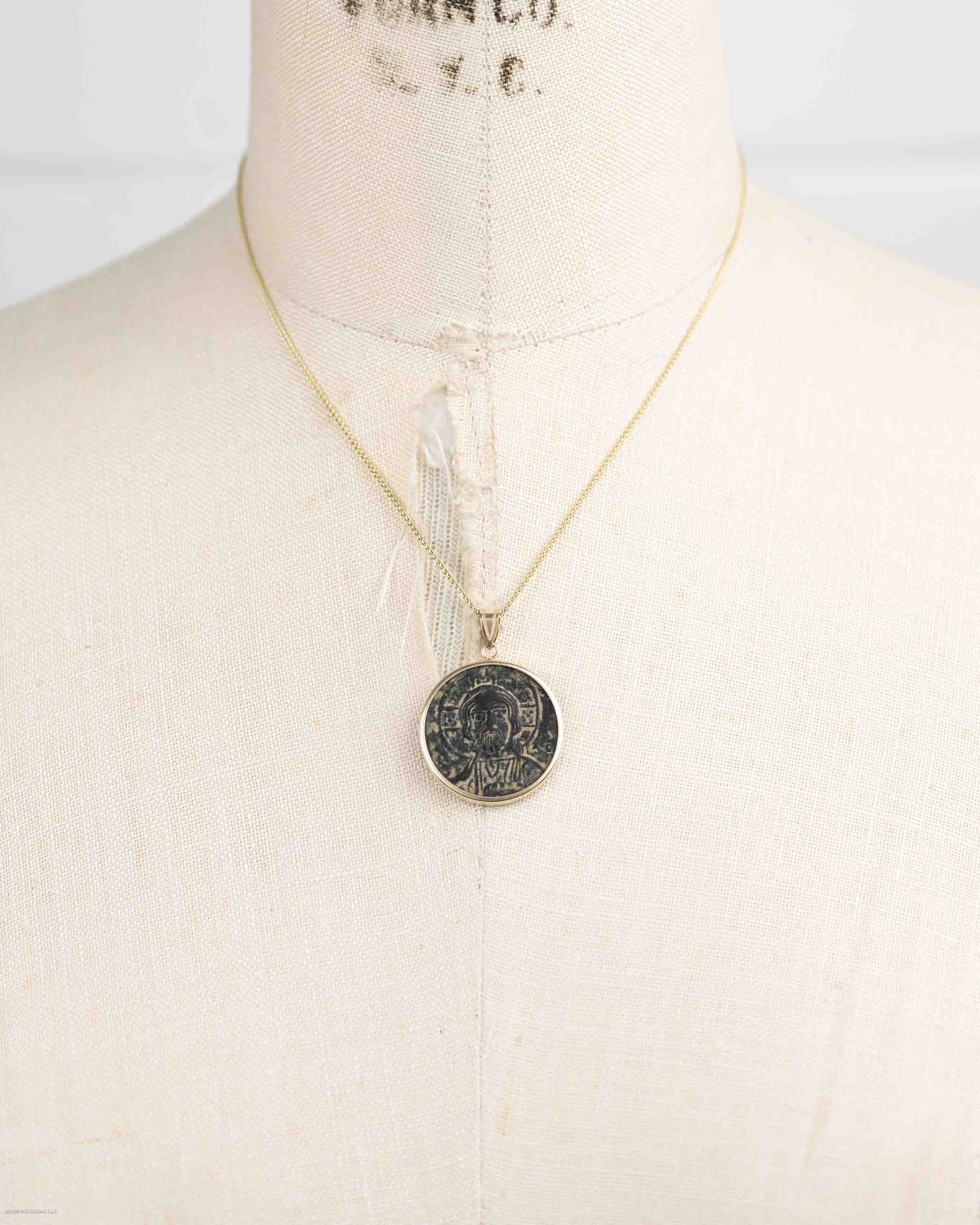 14k Gold Genuine Ancient Byzantine Coin Necklace (Christ, King of Kings; 976-1025 A.D.)