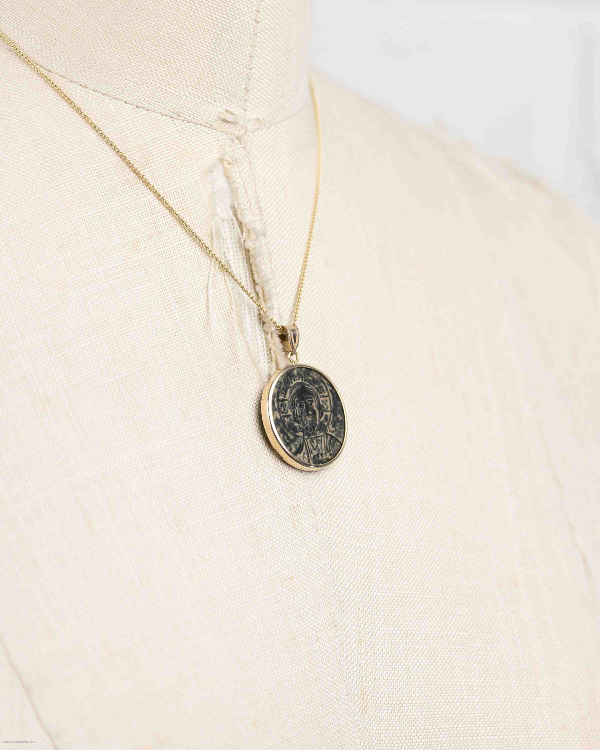 14k Gold Genuine Ancient Byzantine Coin Necklace (Christ, King of Kings; 976-1025 A.D.)
