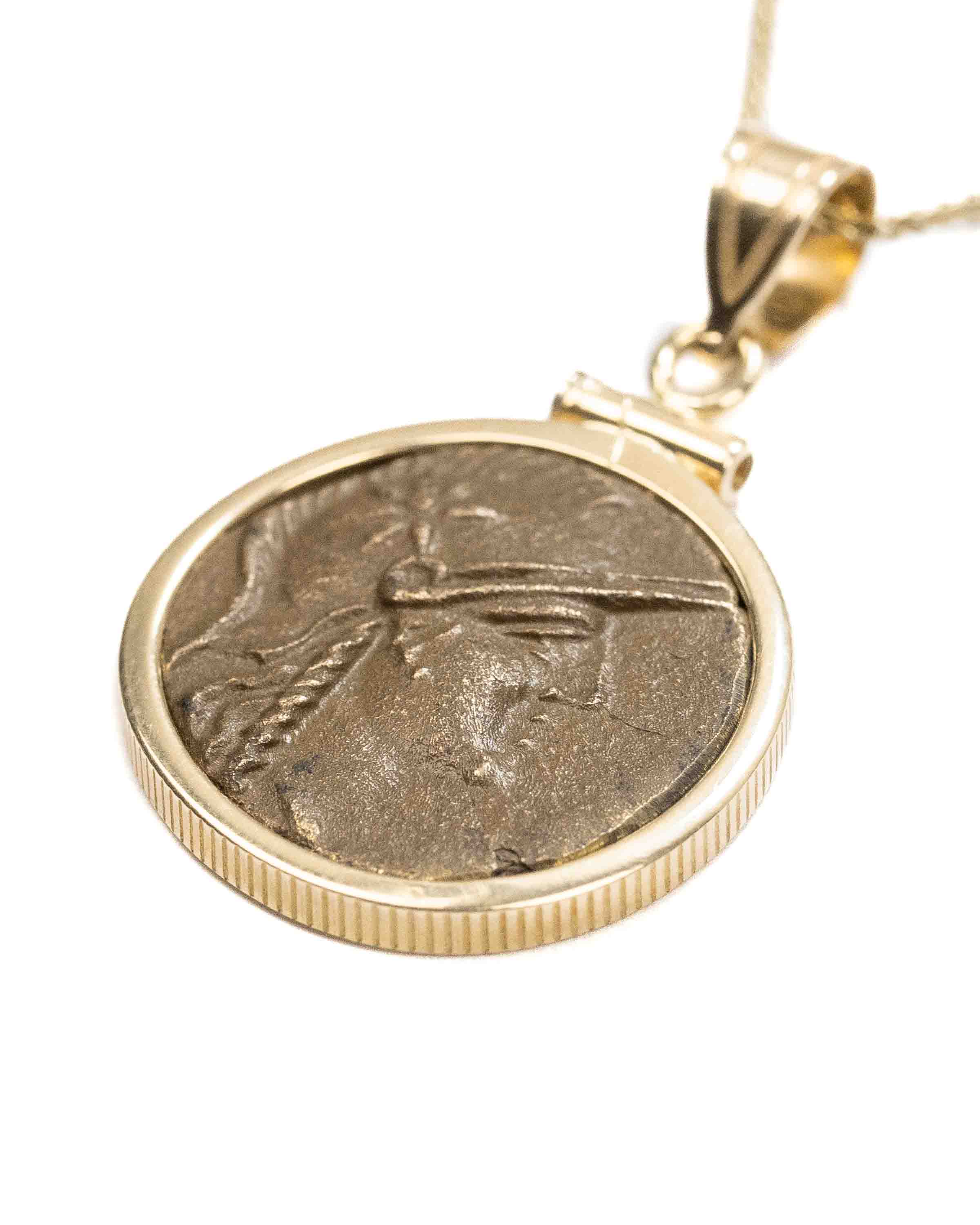 14k Gold Genuine Ancient Greek Coin Necklace (Athena/Owl; 200-133 B.C.)