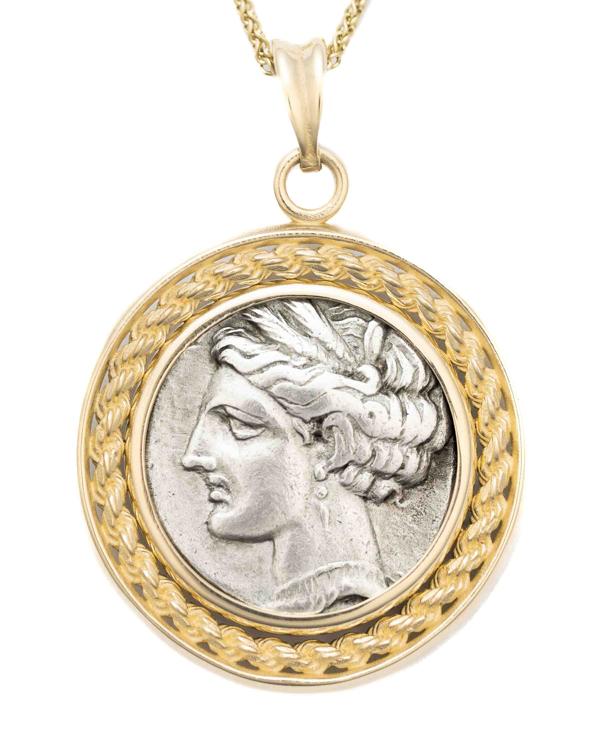14k Gold Genuine Ancient Greek Coin Necklace (Persephone-Tanit; 264-241 B.C.)