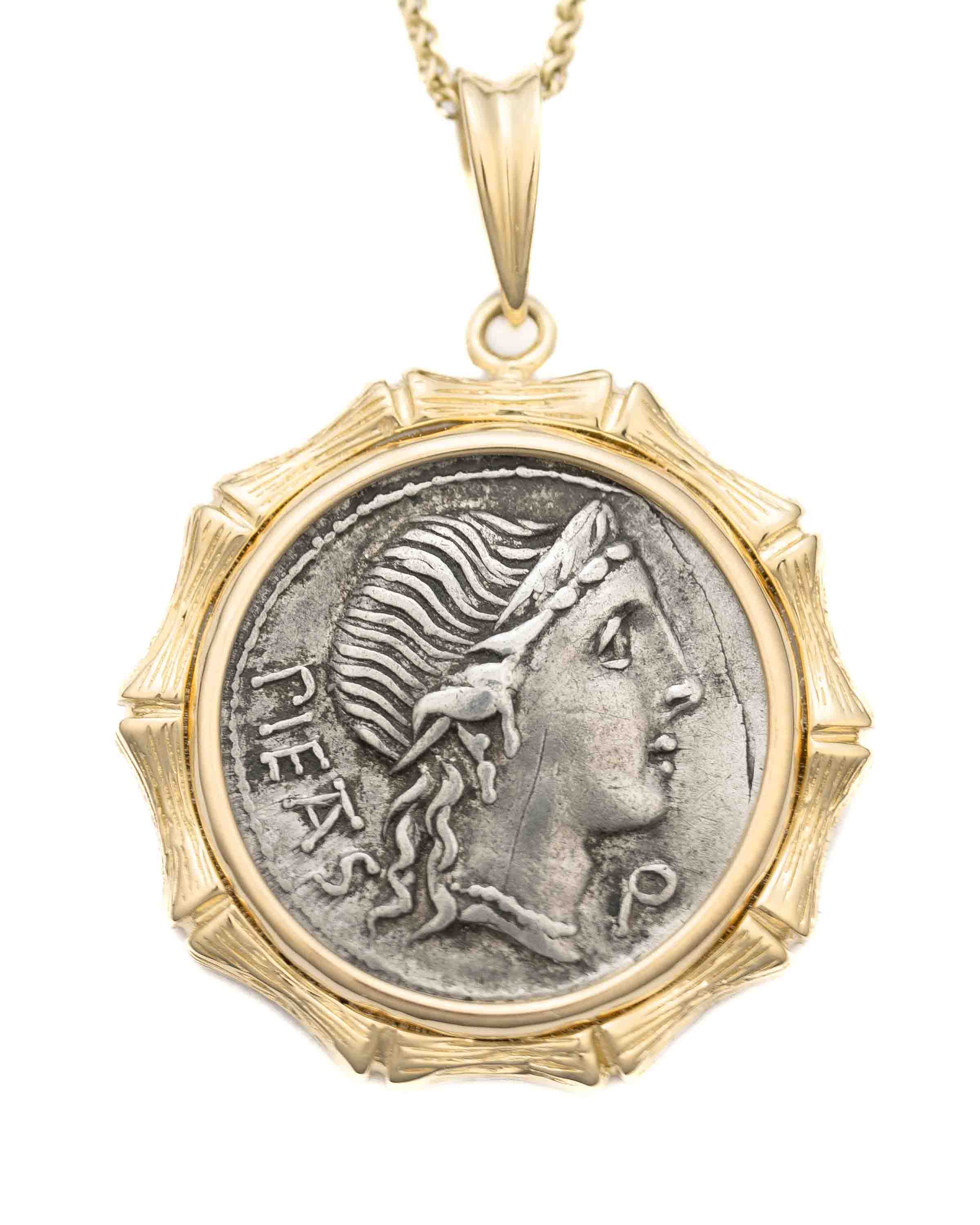 14k Gold Genuine Ancient Roman Coin Necklace (Pietas; 108-107 B.C.)