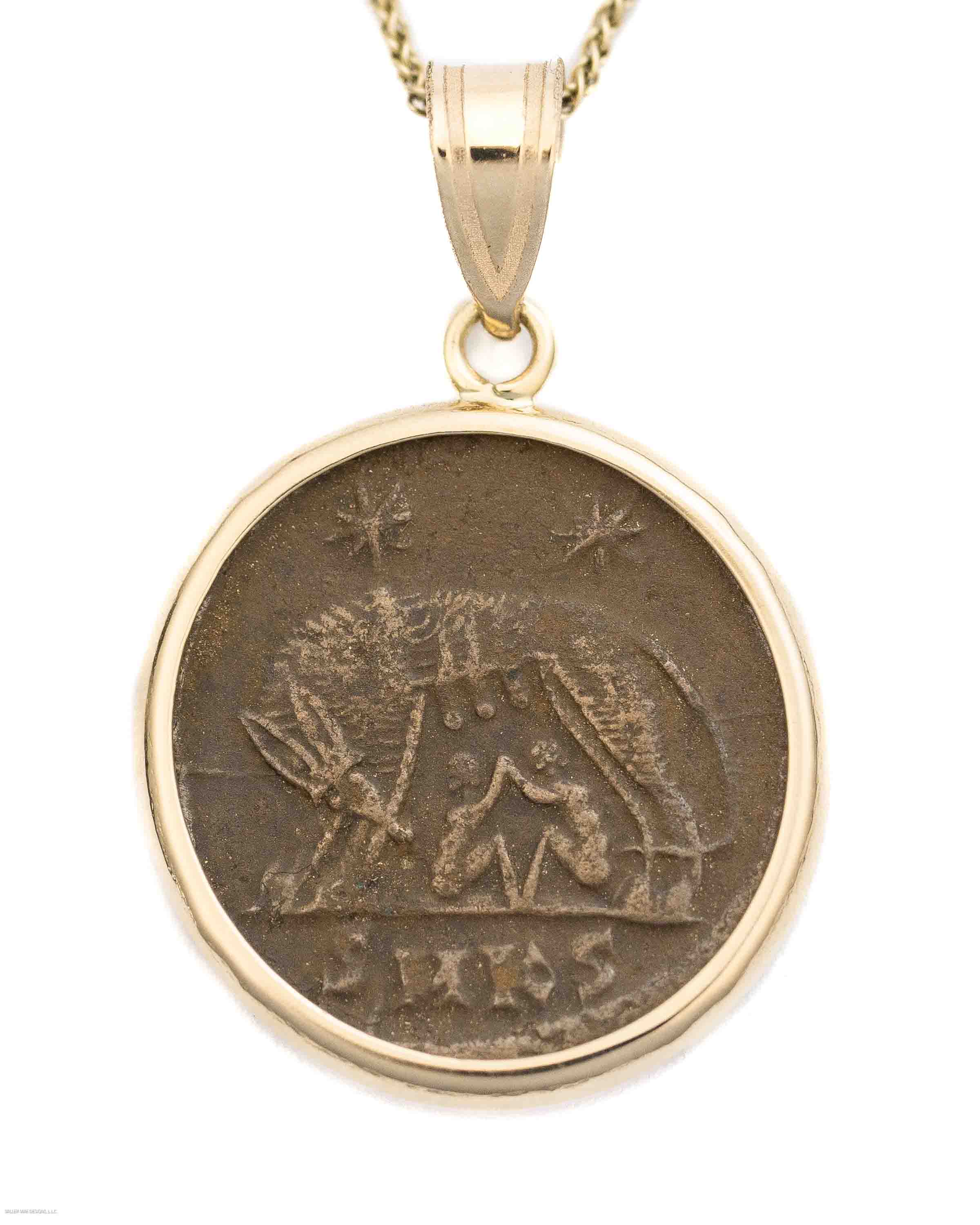 14k Gold Genuine Ancient Constantinople Commemorative Coin Necklace (Romulus & Remus; 330-354 A.D.)