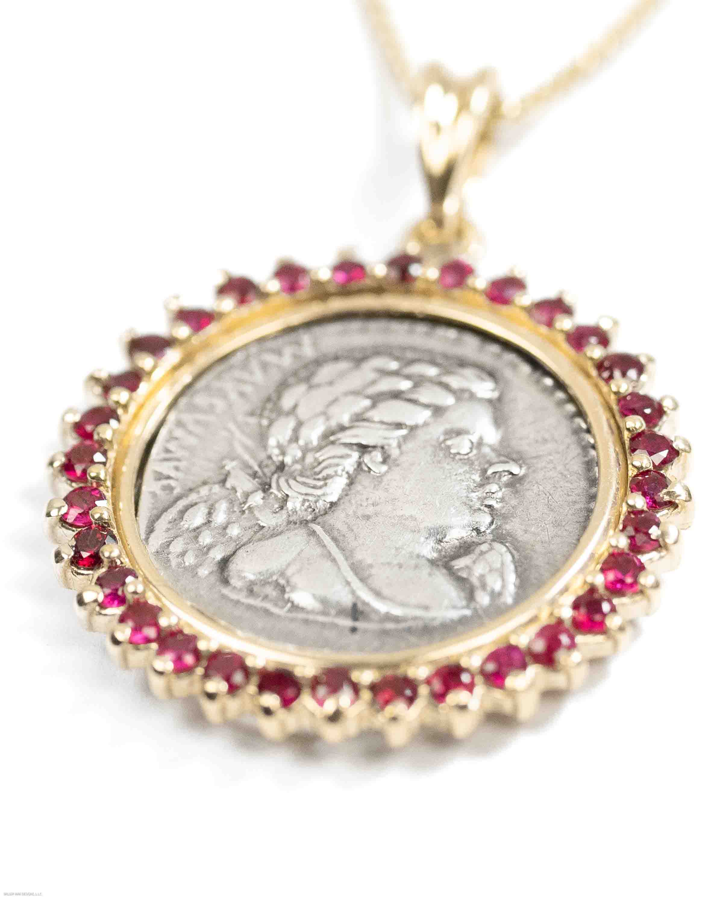 14k Gold & Ruby Genuine Ancient Roman Coin Necklace (Cupid; 76 B.C.)