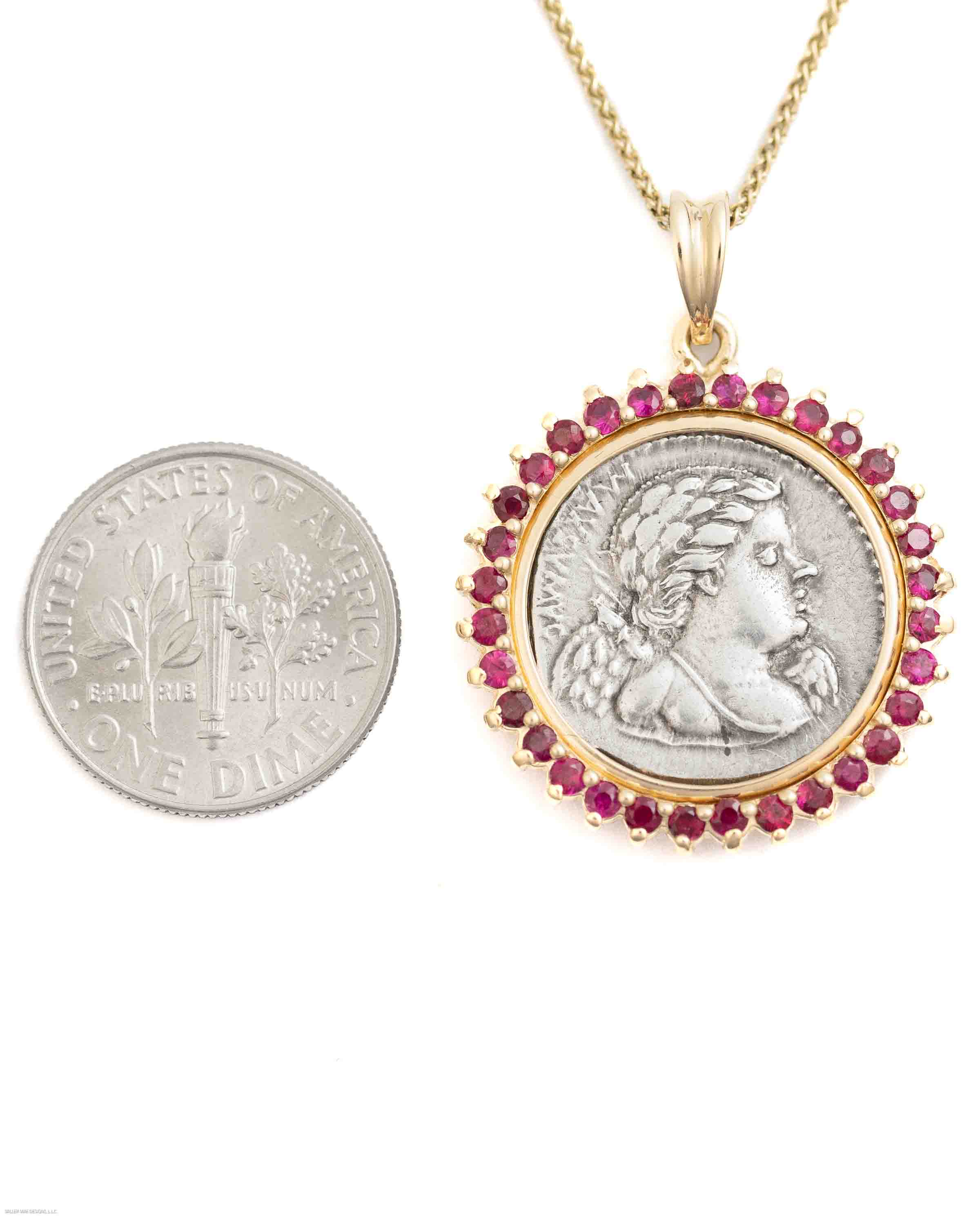 14k Gold & Ruby Genuine Ancient Roman Coin Necklace (Cupid; 76 B.C.)