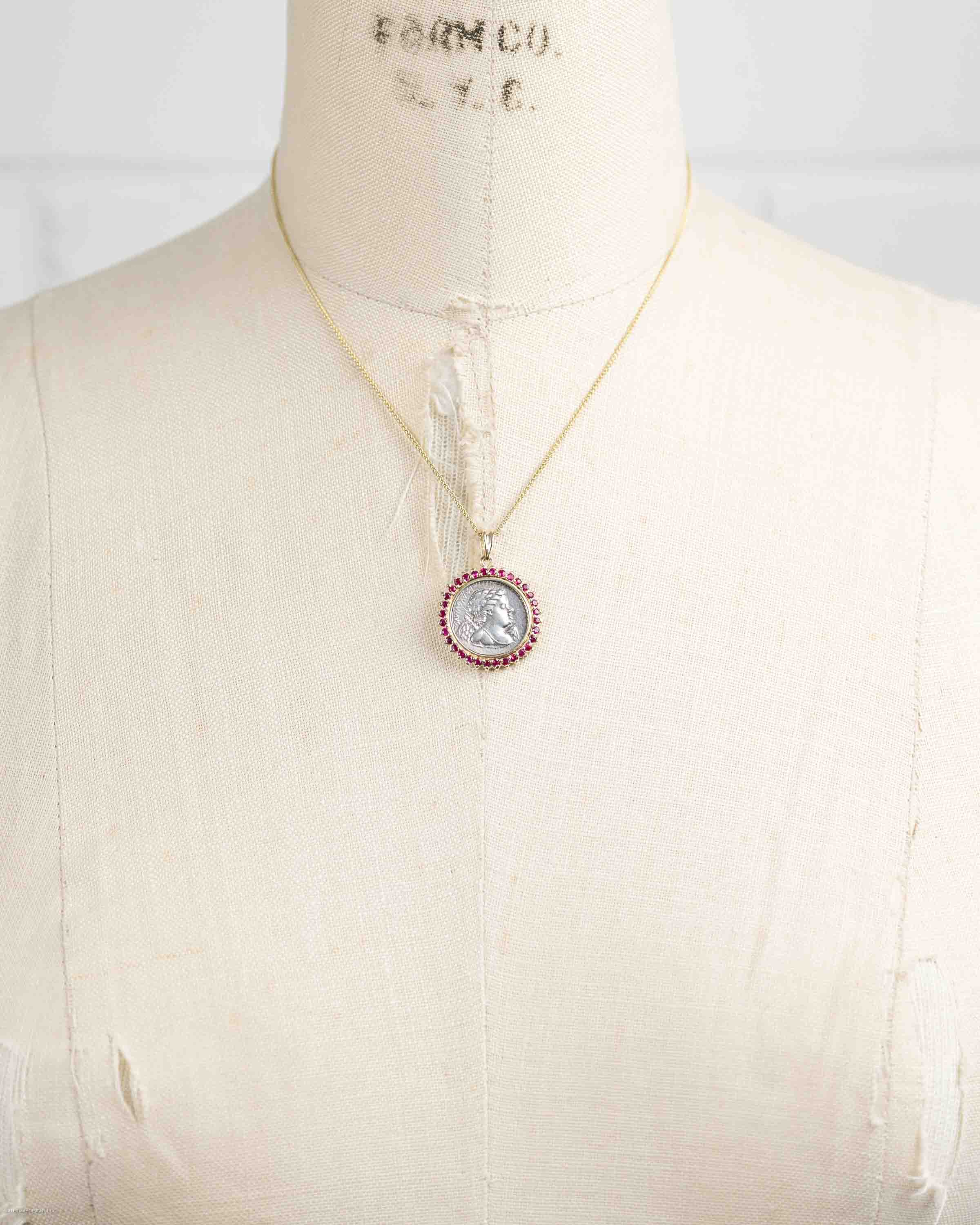 14k Gold & Ruby Genuine Ancient Roman Coin Necklace (Cupid; 76 B.C.)