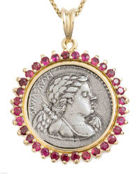 14k Gold & Ruby Genuine Ancient Roman Coin Necklace (Cupid; 76 B.C.)
