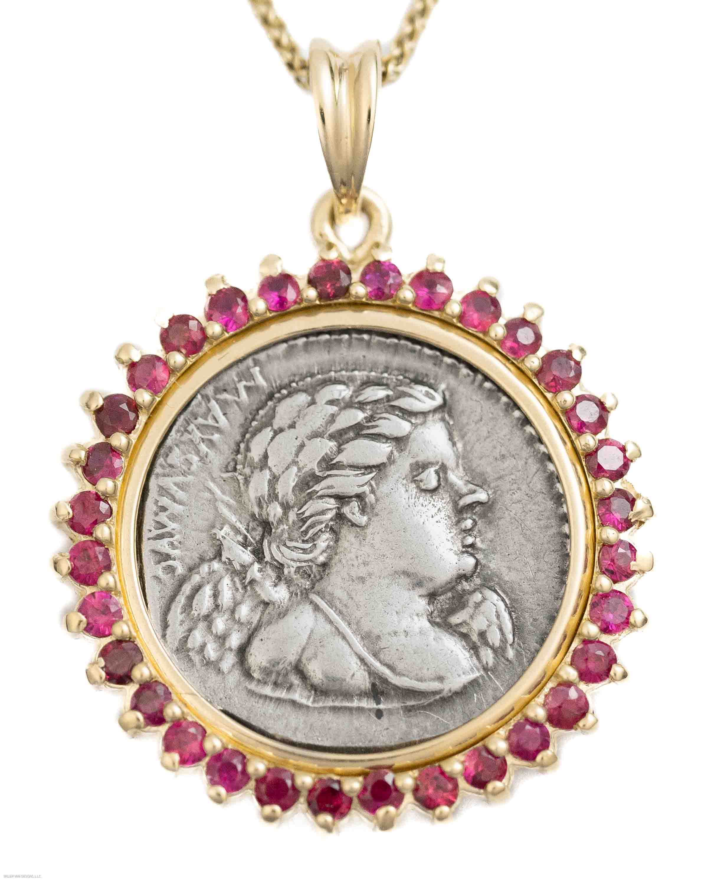 14k Gold & Ruby Genuine Ancient Roman Coin Necklace (Cupid; 76 B.C.)