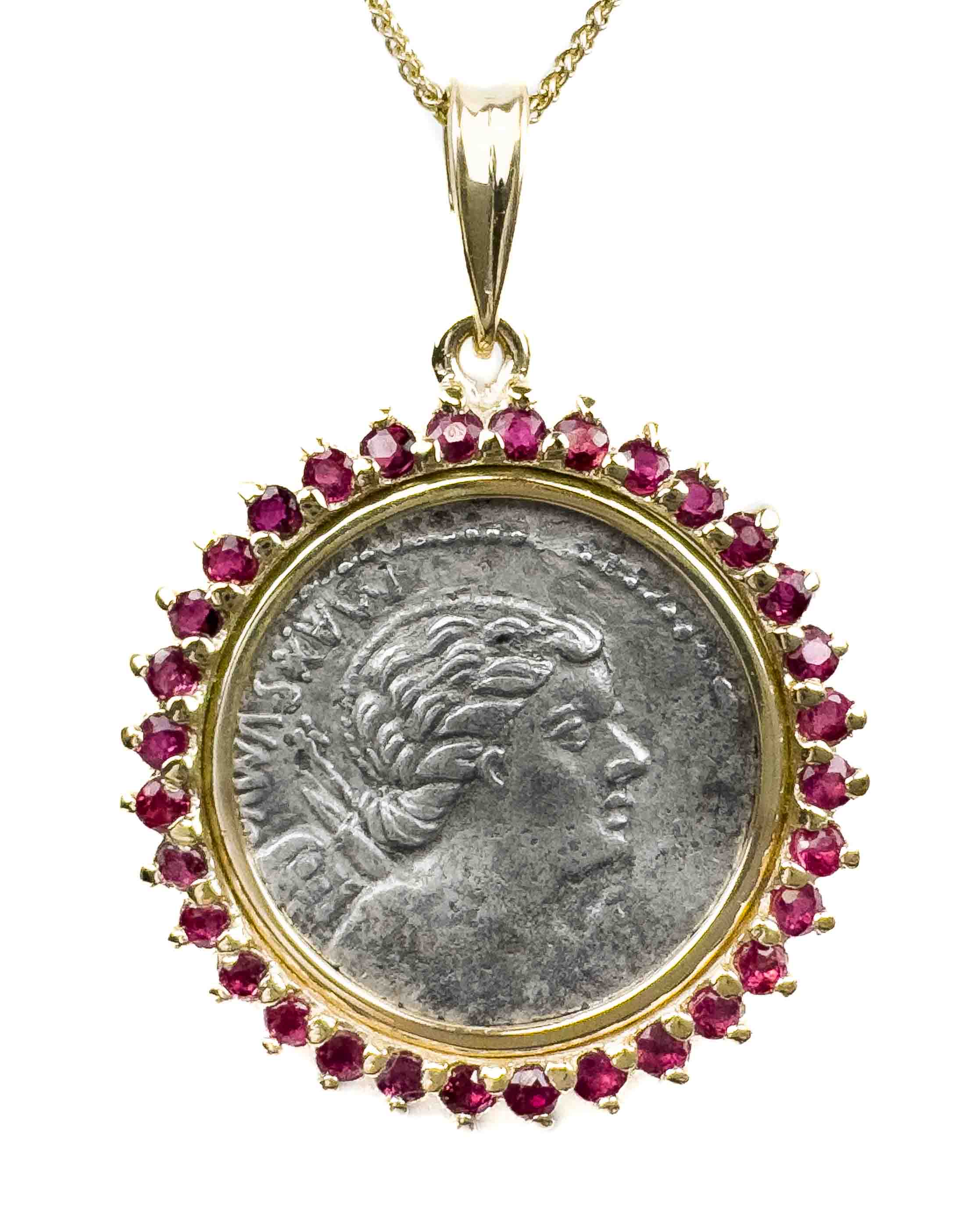 14k Gold & Ruby Genuine Ancient Roman Coin Necklace (Cupid; 75 B.C.)