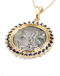 14k Gold & Sapphire Genuine Ancient Greek Coin Necklace (Zeus/Hera; 450-300 B.C.)
