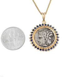 14k Gold & Sapphire Genuine Ancient Greek Coin Necklace (Zeus/Hera; 450-300 B.C.)