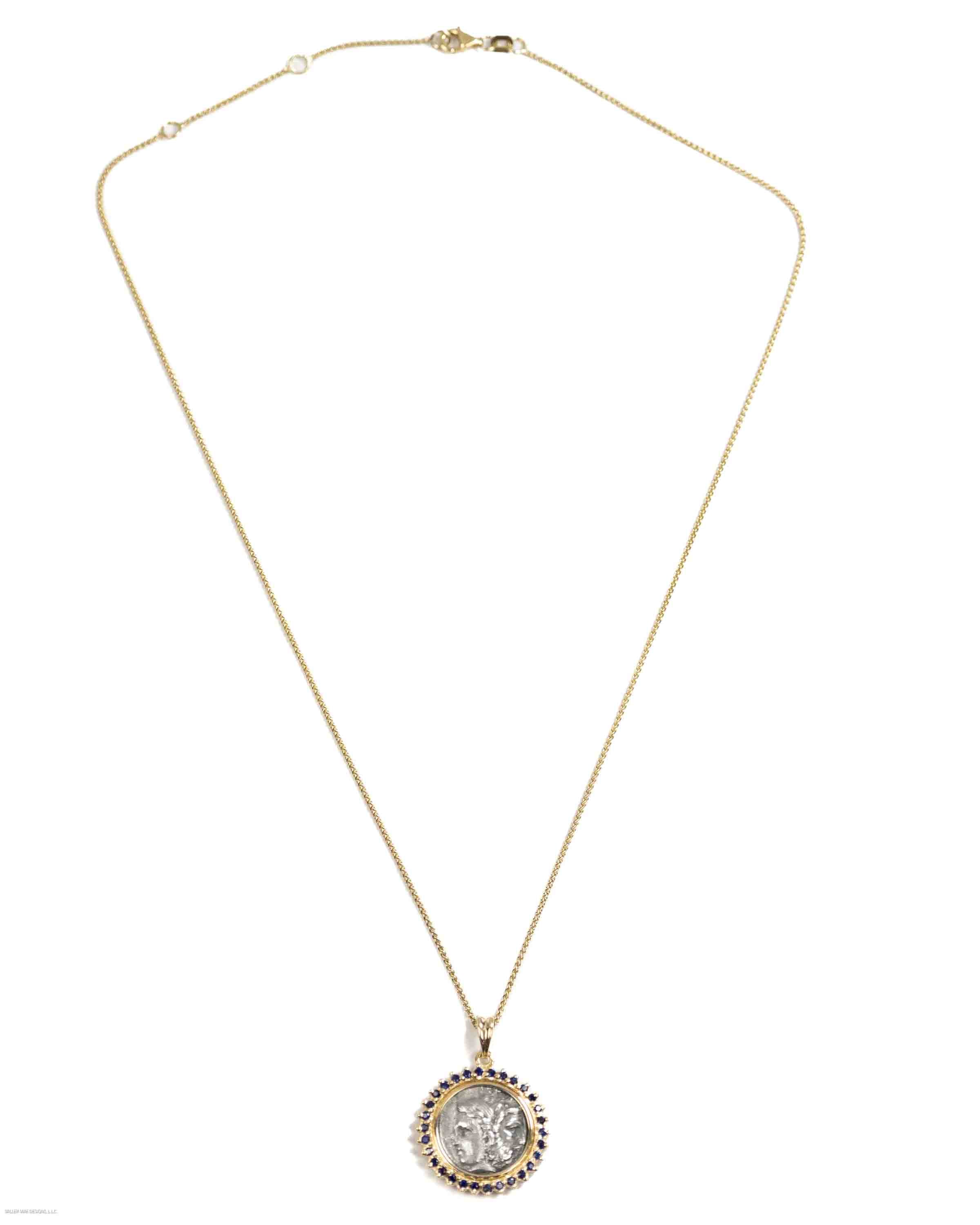 14k Gold & Sapphire Genuine Ancient Greek Coin Necklace (Zeus/Hera; 450-300 B.C.)