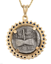 14k Gold & Sapphire Genuine Ancient Greek Coin Necklace (Zeus/Hera; 450-300 B.C.)