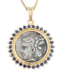 14k Gold & Sapphire Genuine Ancient Greek Coin Necklace (Zeus/Hera; 450-300 B.C.)