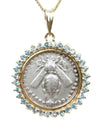 14k Gold Genuine Ancient Greek Coin Sky Blue Topaz Pendant Necklace (Artemis Bee; 202-150 B.C.)
