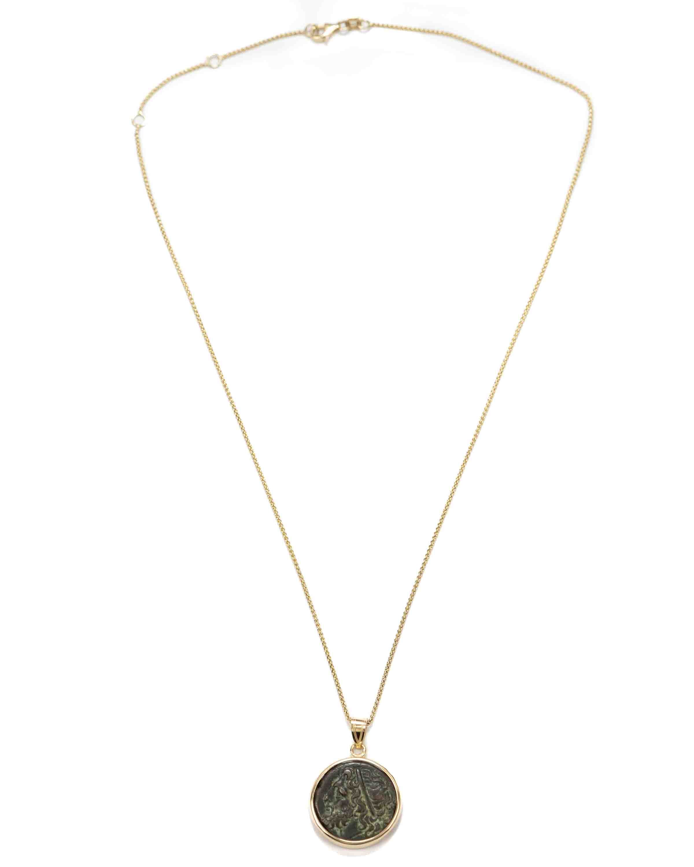 14k Gold Genuine Ancient Greek Coin Necklace (Poseidon; 275-215 B.C.)