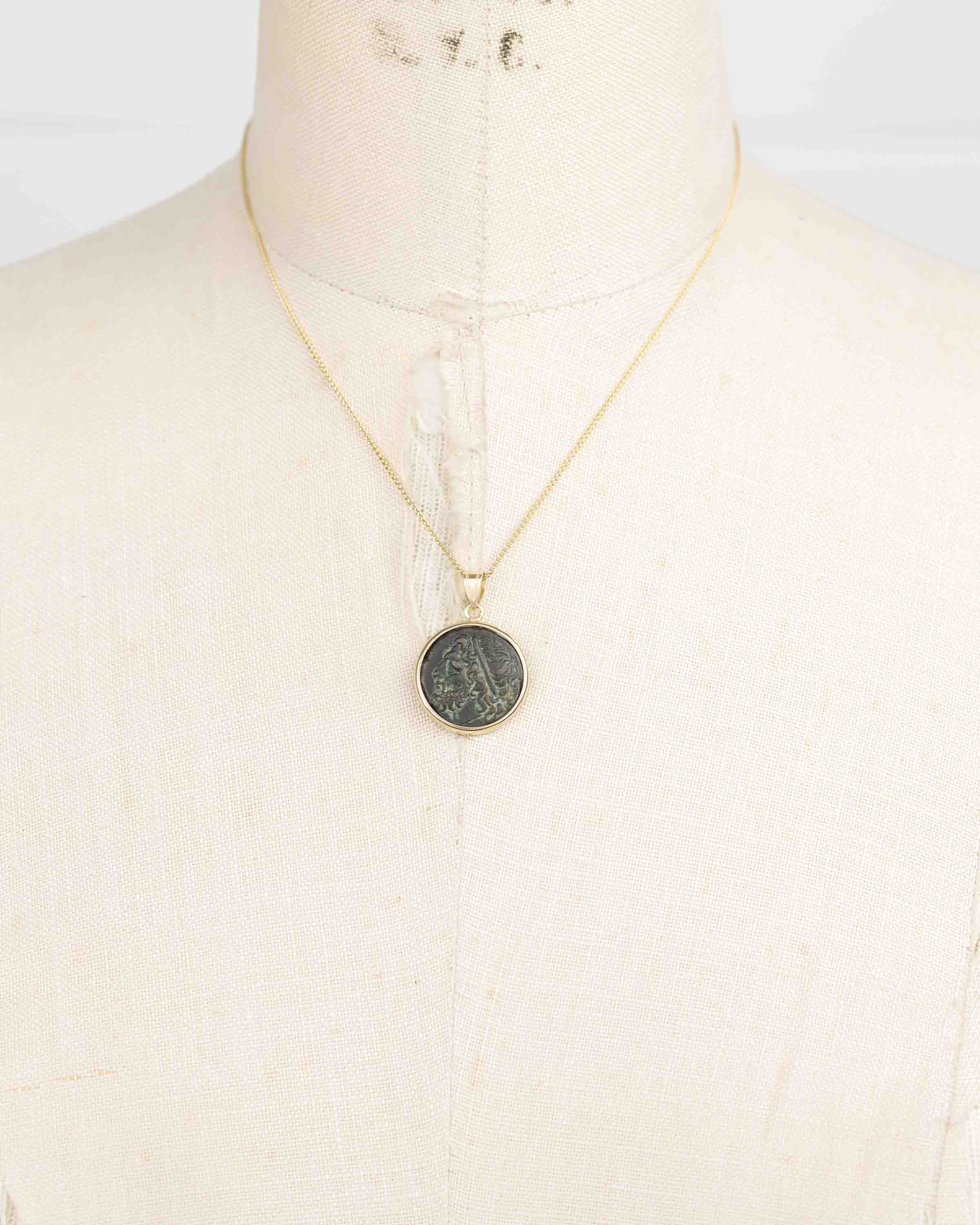 14k Gold Genuine Ancient Greek Coin Necklace (Poseidon; 275-215 B.C.)