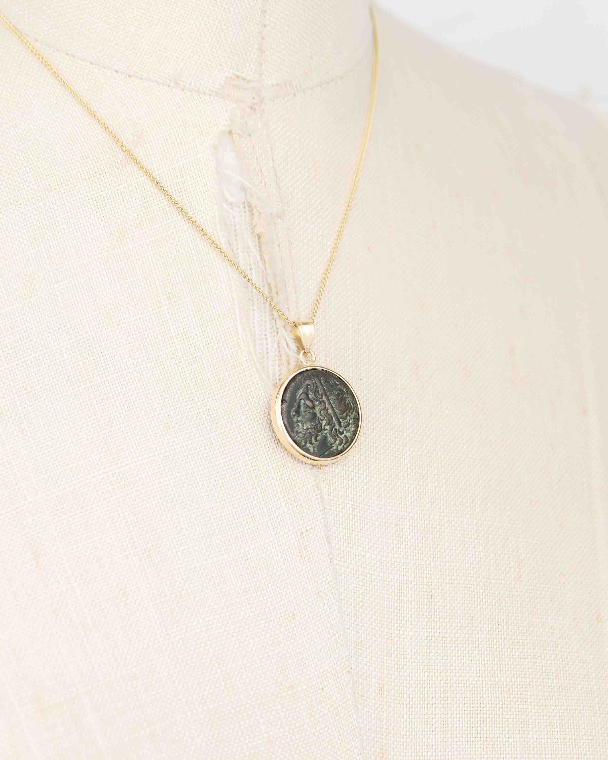 14k Gold Genuine Ancient Greek Coin Necklace (Poseidon; 275-215 B.C.)