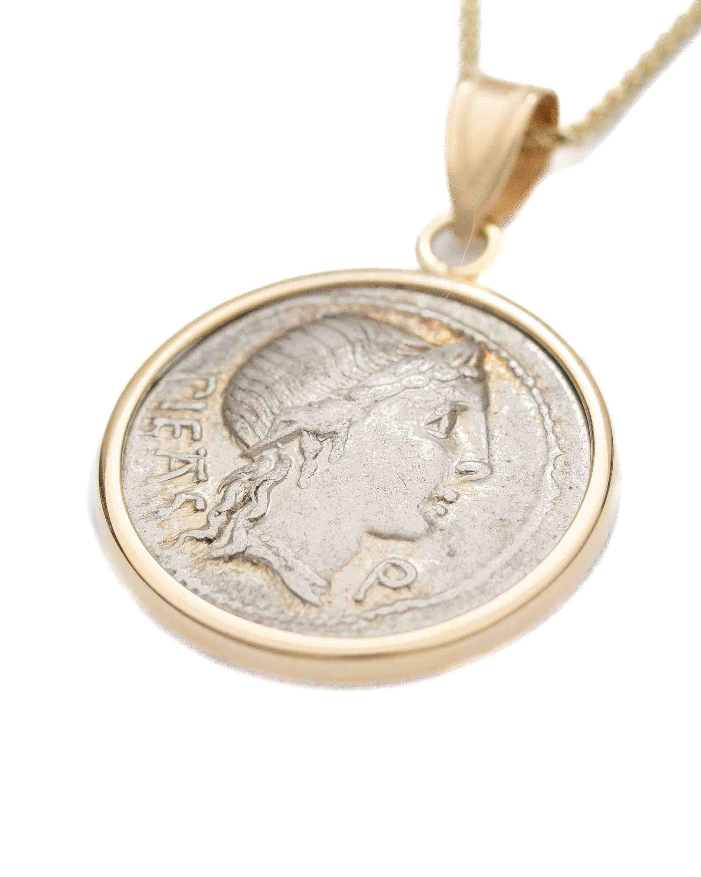 14k Gold Genuine Ancient Roman Coin Necklace (Pietas; 108-107 B.C.)