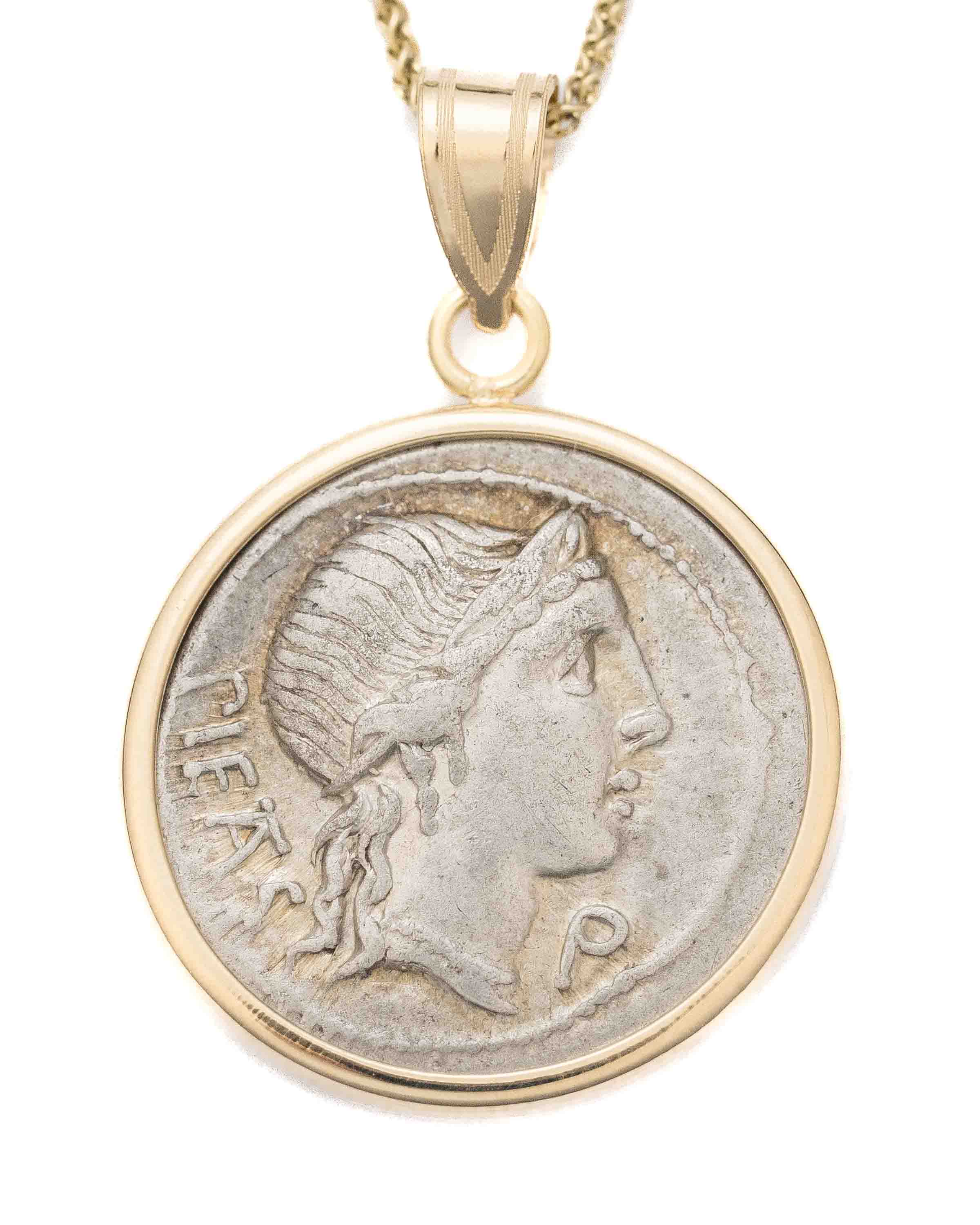 14k Gold Genuine Ancient Roman Coin Necklace (Pietas; 108-107 B.C.)