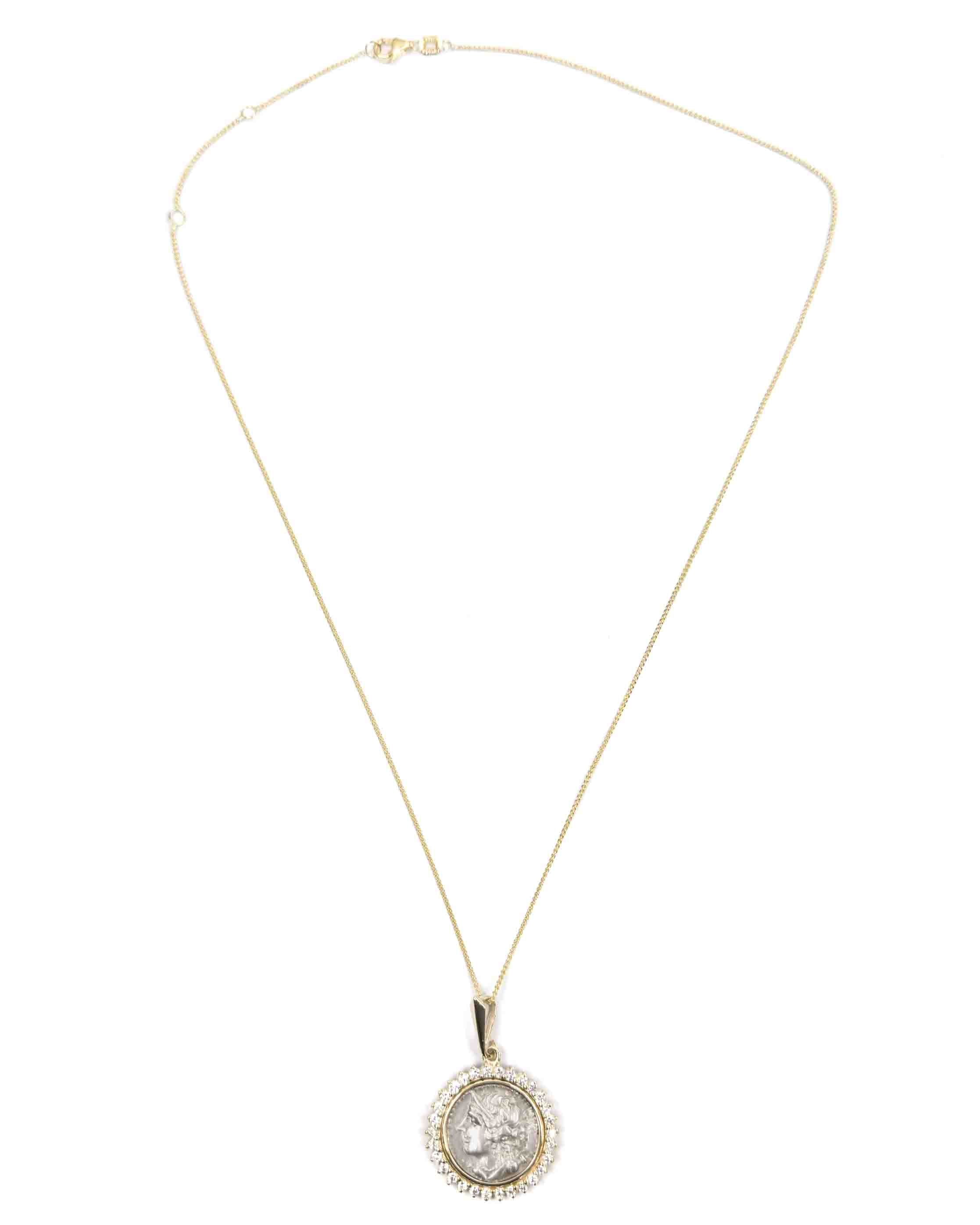 14k Gold & Diamond Genuine Ancient Greek Coin Necklace (Artemis; 125-90 B.C.)