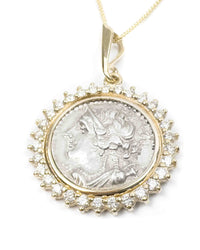 14k Gold & Diamond Genuine Ancient Greek Coin Necklace (Artemis; 125-90 B.C.)