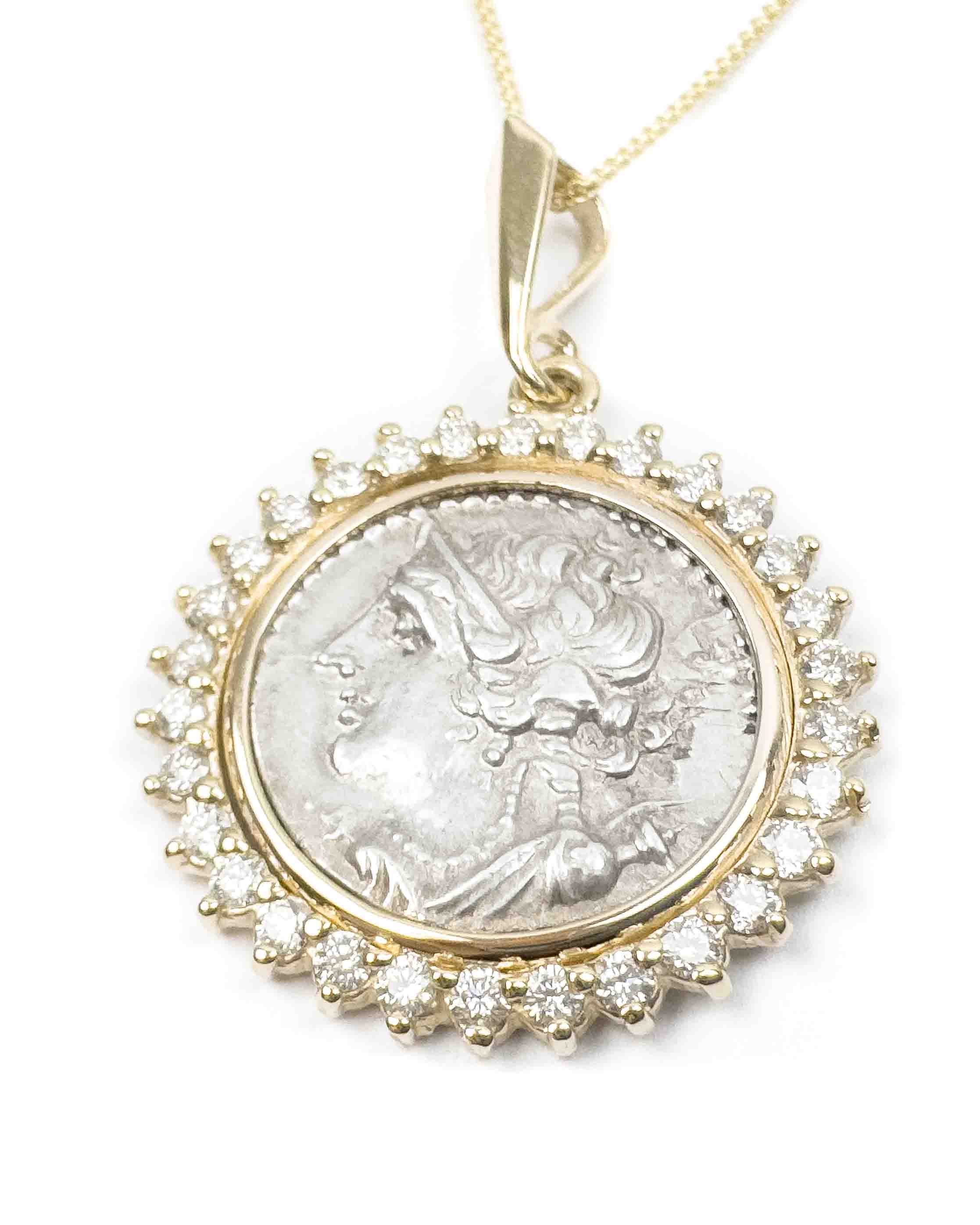 14k Gold & Diamond Genuine Ancient Greek Coin Necklace (Artemis; 125-90 B.C.)
