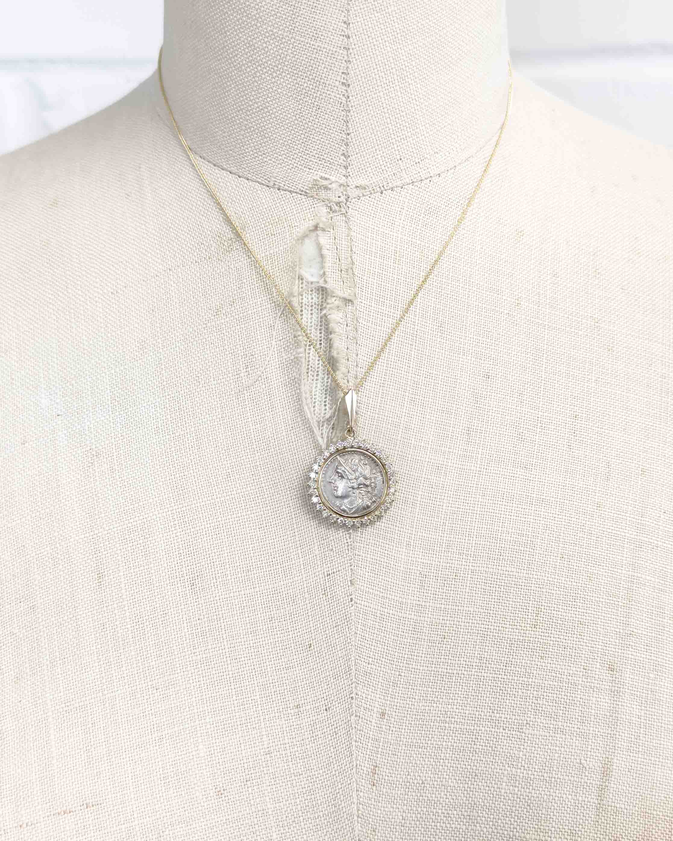 14k Gold & Diamond Genuine Ancient Greek Coin Necklace (Artemis; 125-90 B.C.)