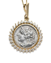 14k Gold & Diamond Genuine Ancient Greek Coin Necklace (Artemis; 125-90 B.C.)