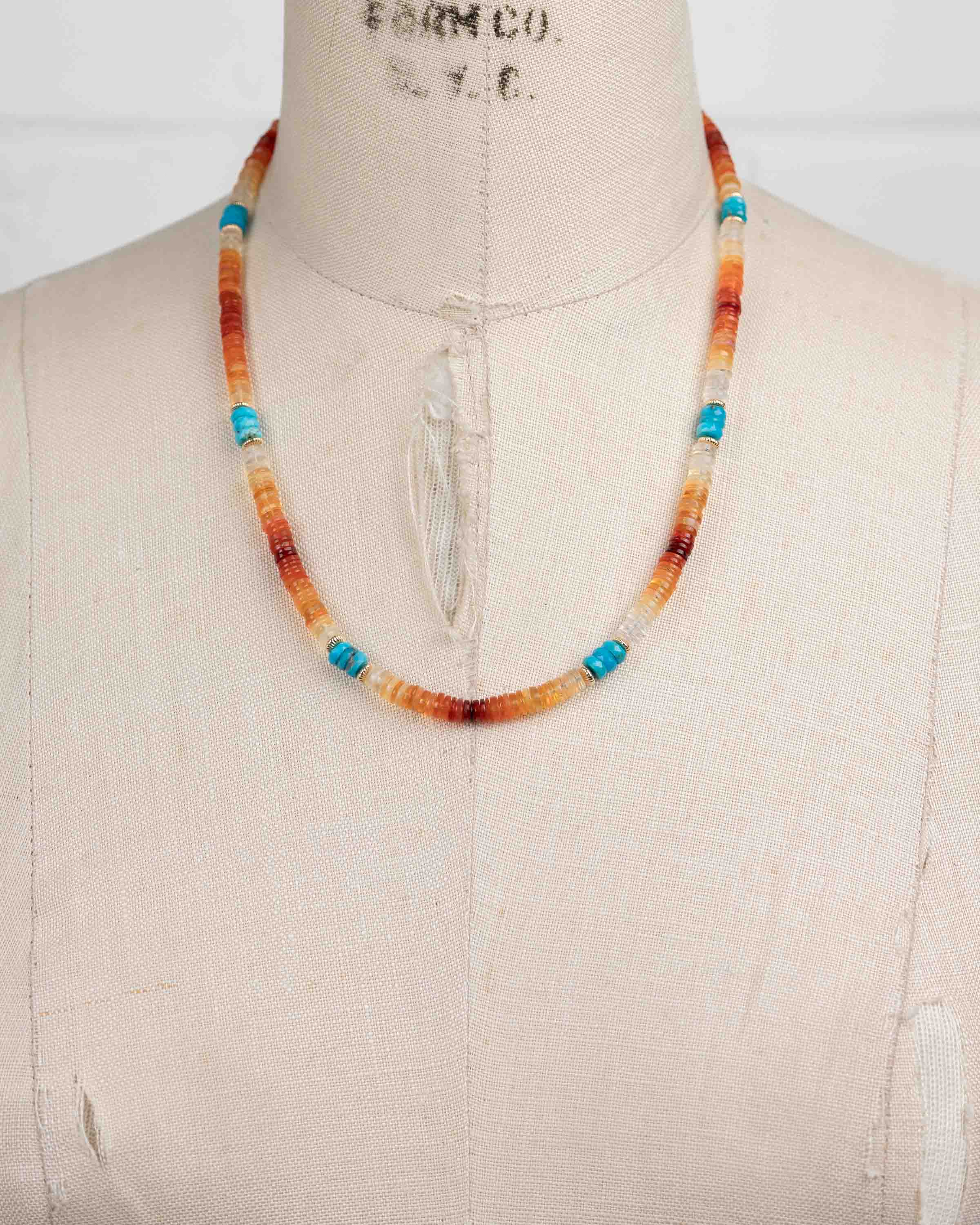 14k Gold Filled Mexican Fire Opal & Turquoise Accented Gemstone Strand Necklace