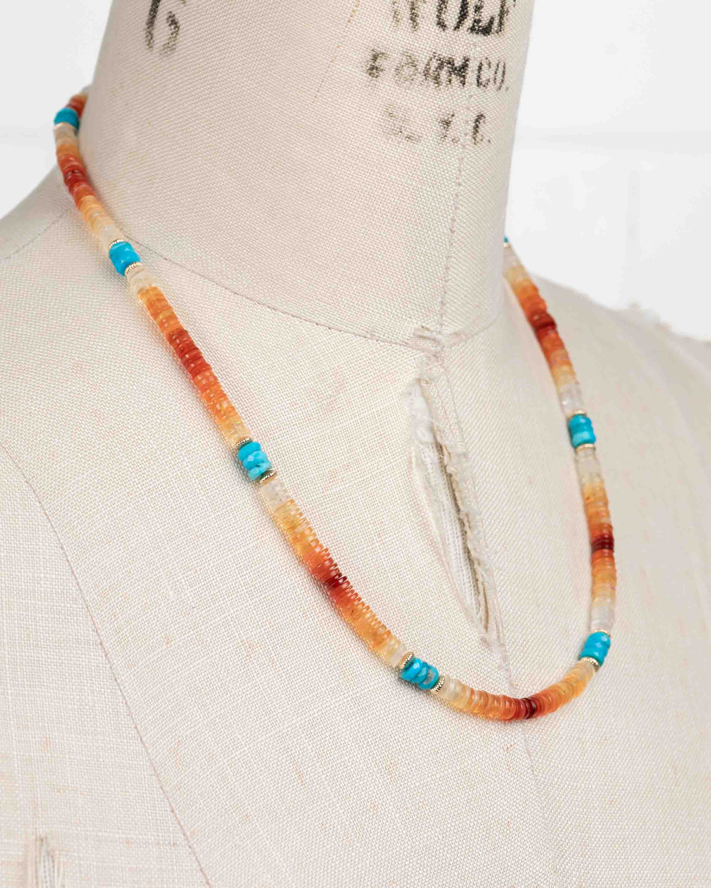 14k Gold Filled Mexican Fire Opal & Turquoise Accented Gemstone Strand Necklace