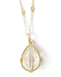 14k Diamond Carved Quartz Teardrop & Diamond by the Yard Chain Necklace