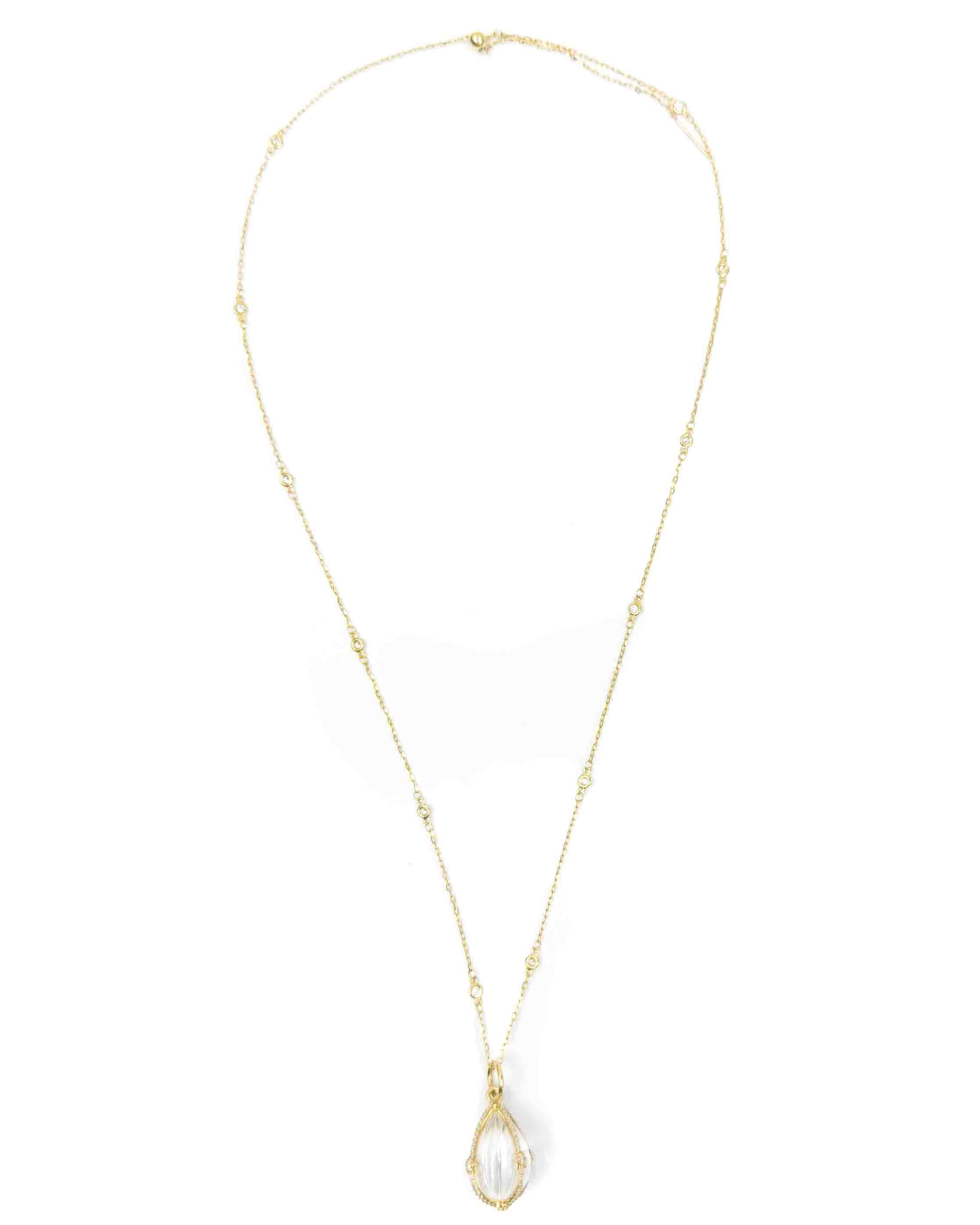 14k Diamond Carved Quartz Teardrop & Diamond by the Yard Chain Necklace