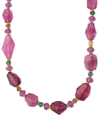 14k Natural Pink Rubellite Tourmaline Nugget, Pink Sapphire, & Watermelon Tourmaline Necklace