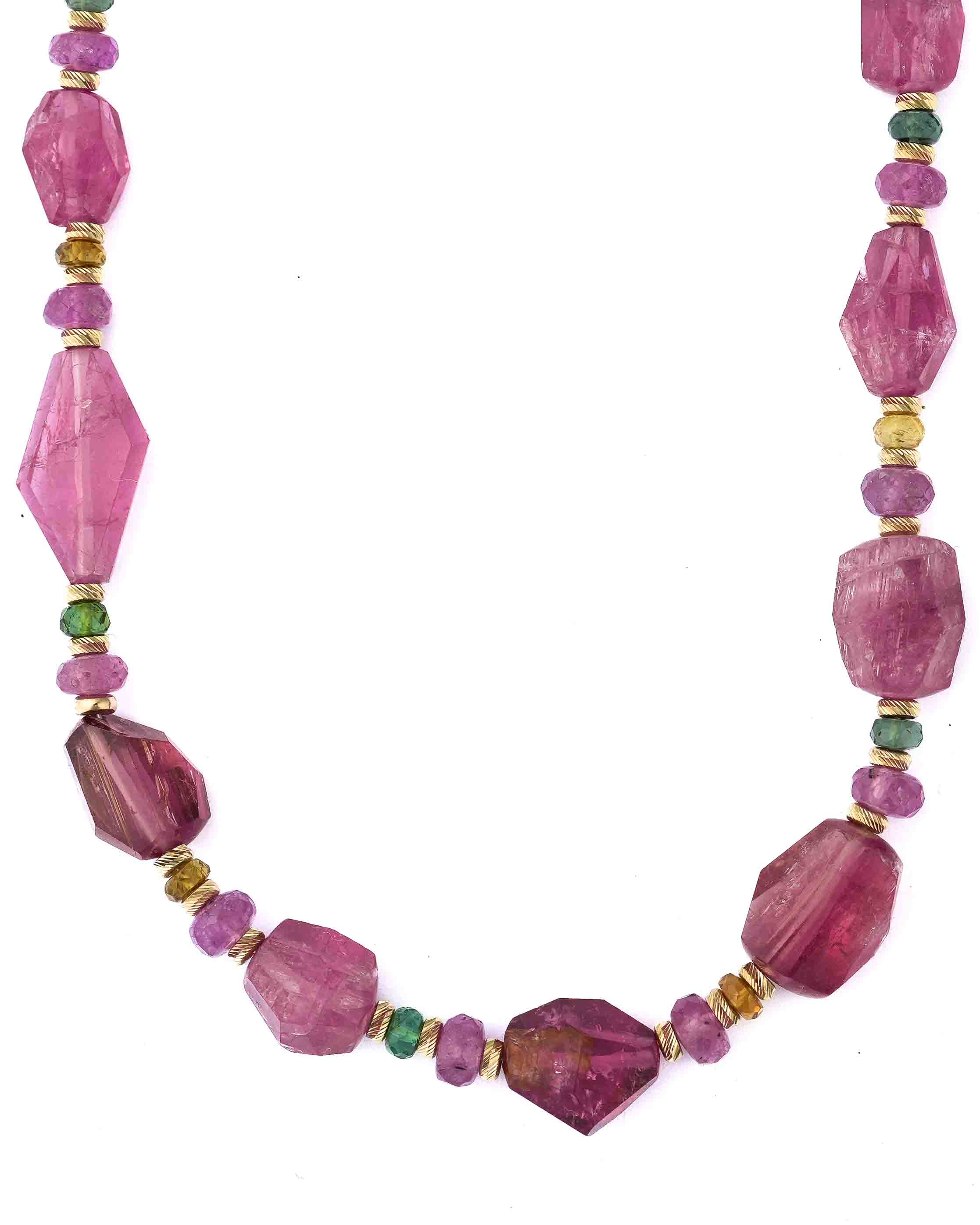 14k Natural Pink Rubellite Tourmaline Nugget, Pink Sapphire, & Watermelon Tourmaline Necklace