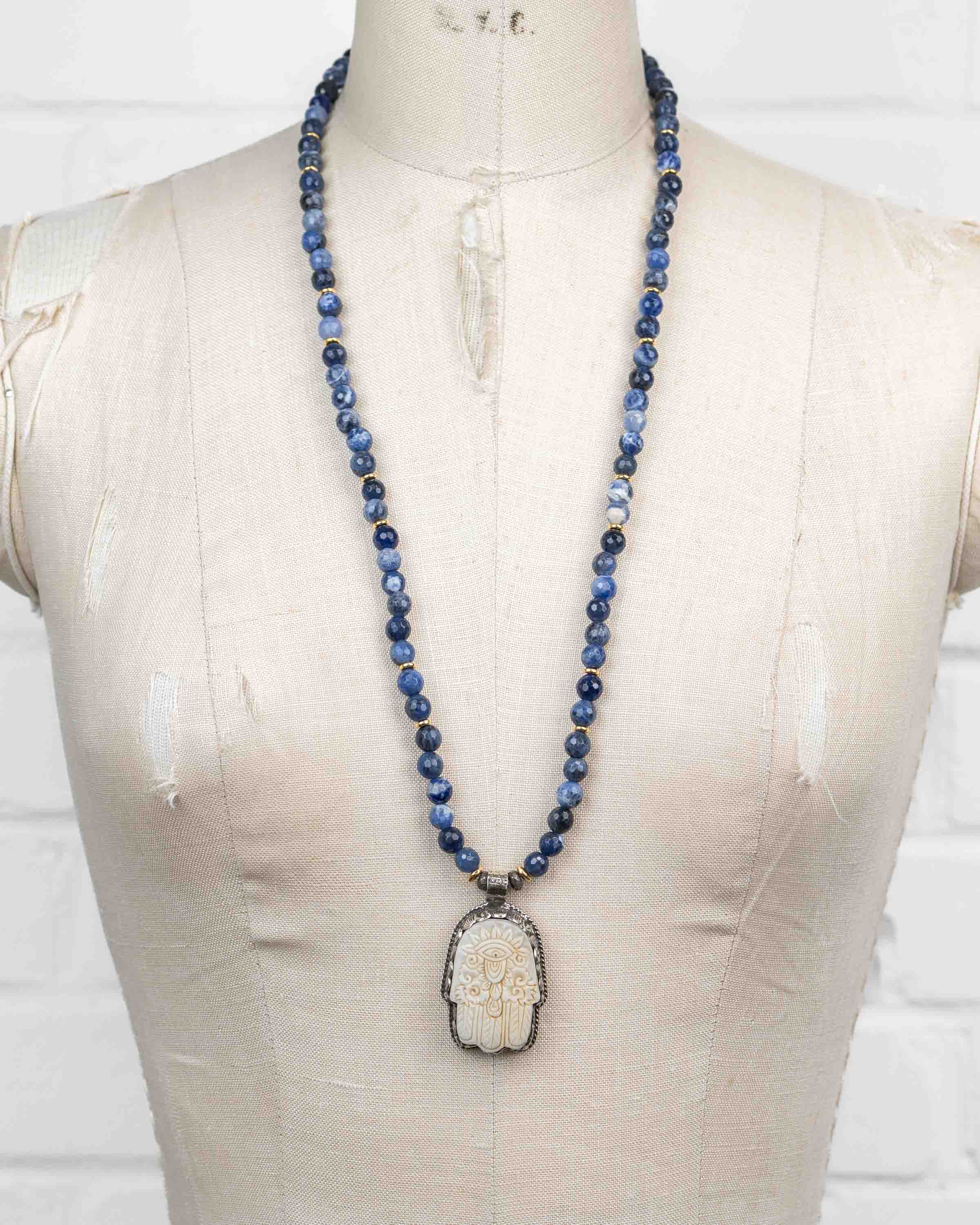 Nepali Hamsa Pendant Sodalite Gemstone Necklace