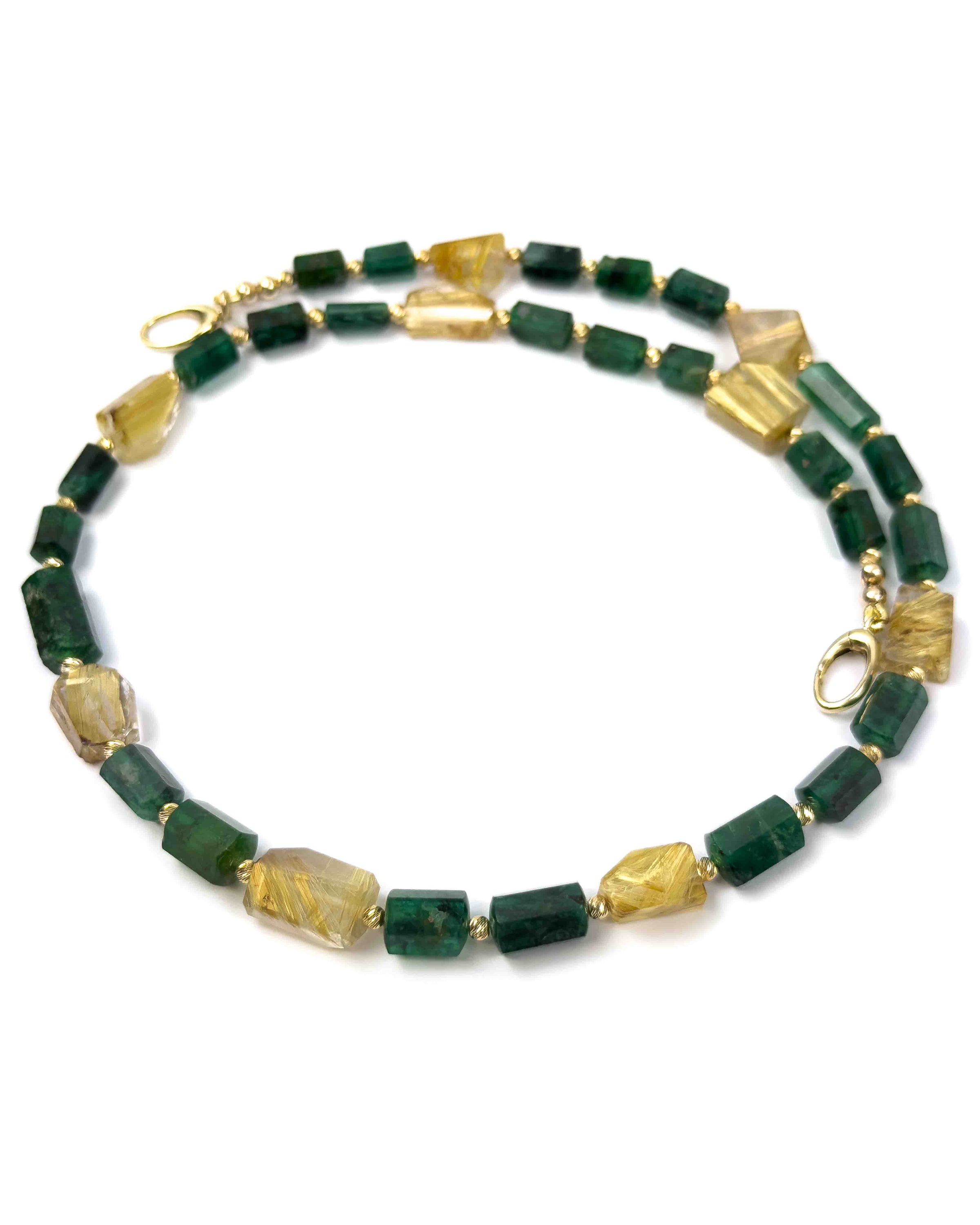 14k Natural Brazilian Emerald & Golden Rutilated Quartz Statement Necklace