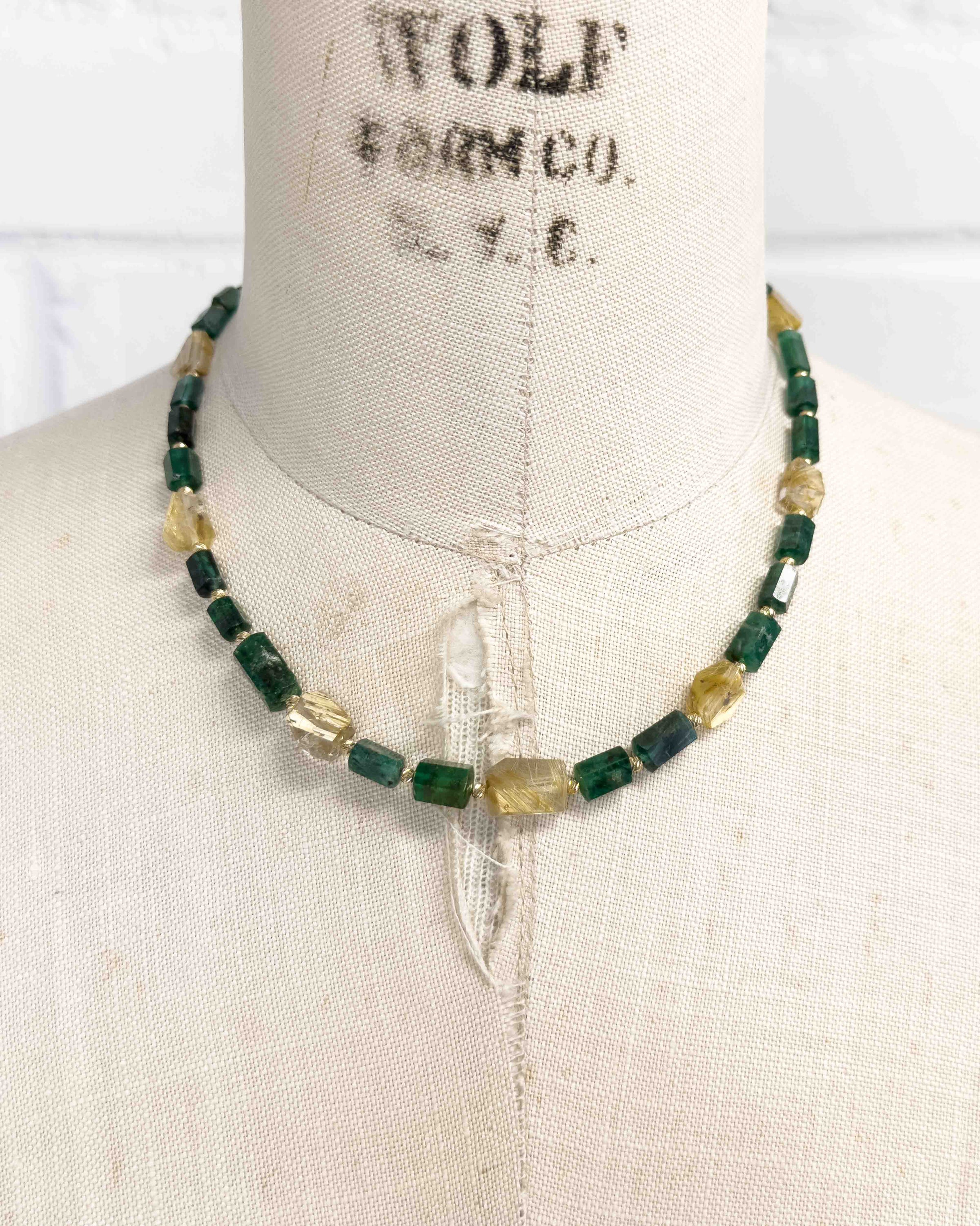 14k Natural Brazilian Emerald & Golden Rutilated Quartz Statement Necklace