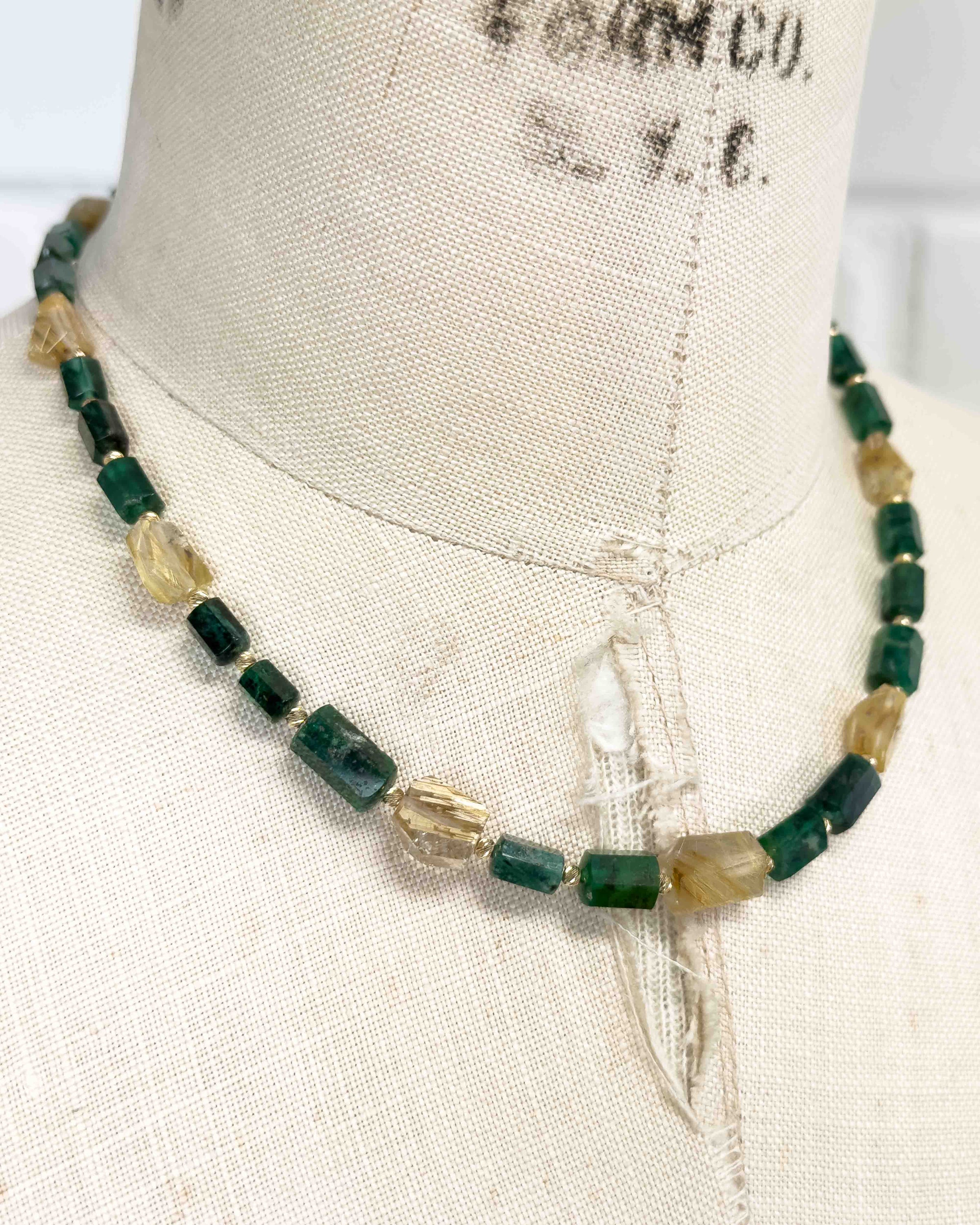 14k Natural Brazilian Emerald & Golden Rutilated Quartz Statement Necklace
