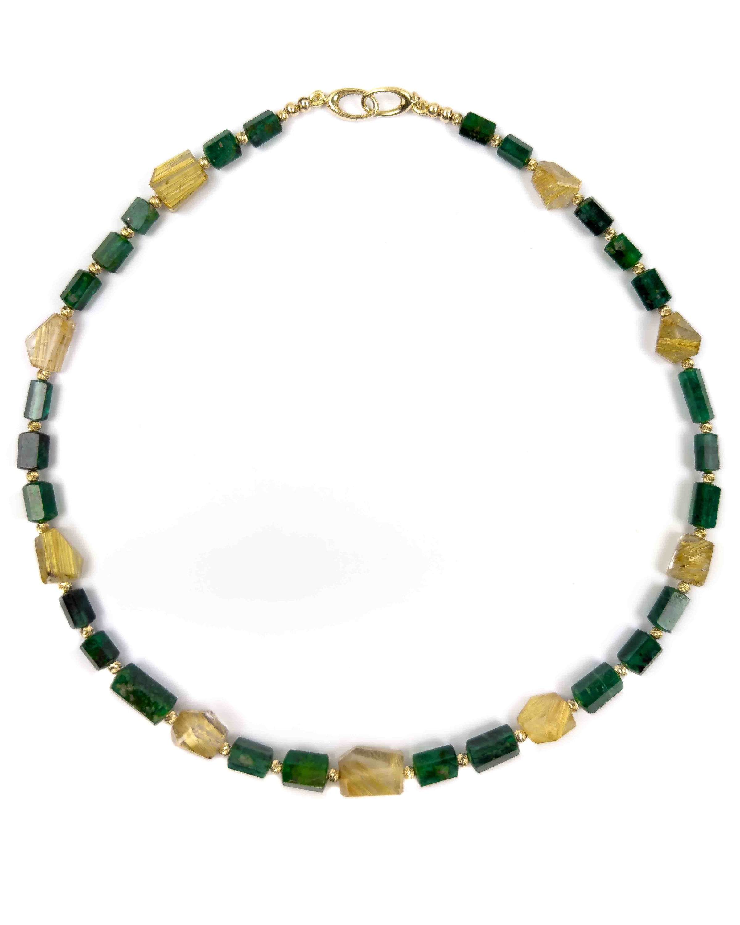 14k Natural Brazilian Emerald & Golden Rutilated Quartz Statement Necklace