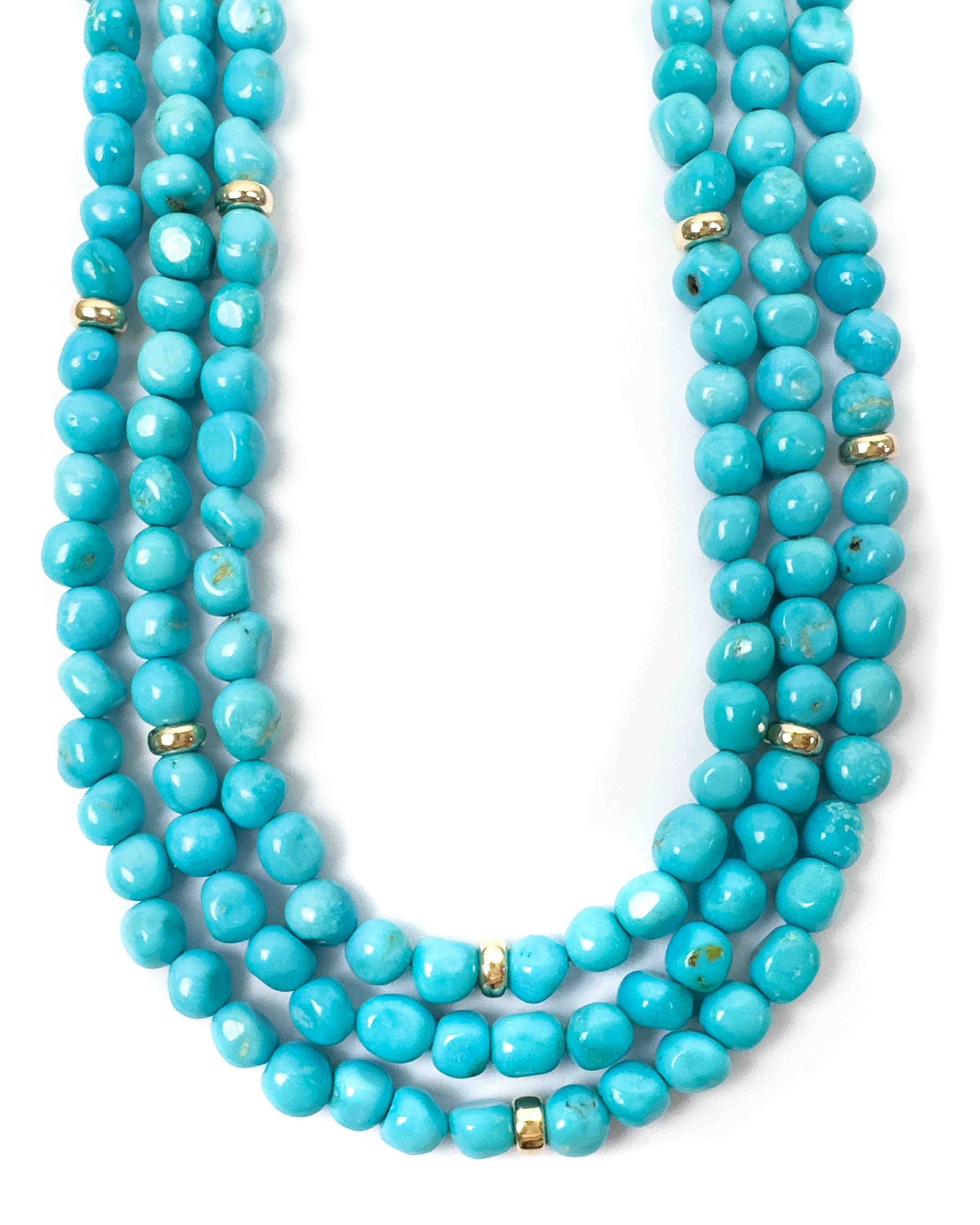 14k Natural Un-Dyed Sleeping Beauty Turquoise Triple Strand Necklace