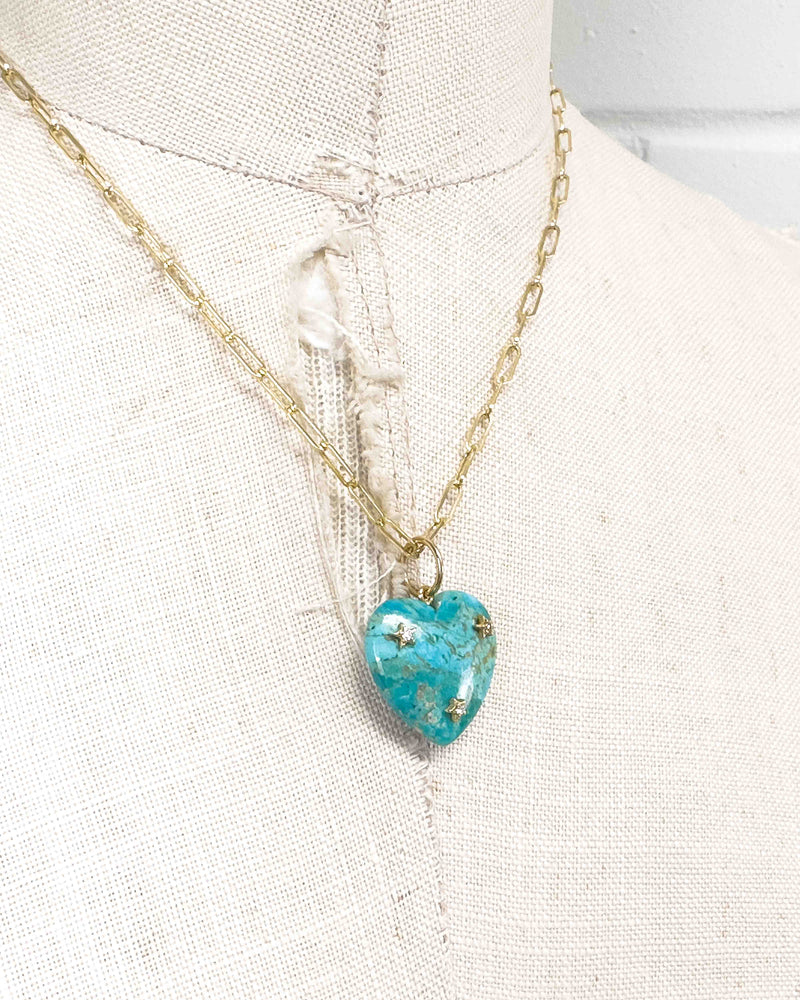 14k Gold, Diamond, & Turquoise Heart Necklace