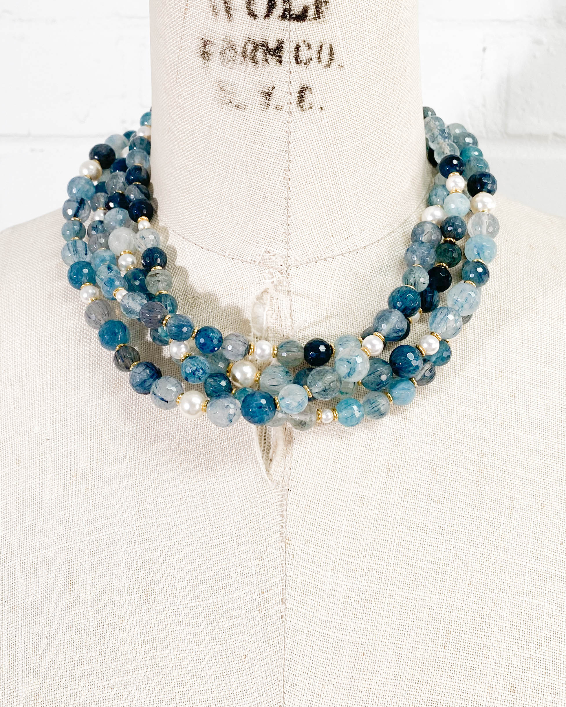 Blue Rutilated Quartz & Swarovski Glass Pearl Double Strand Necklace