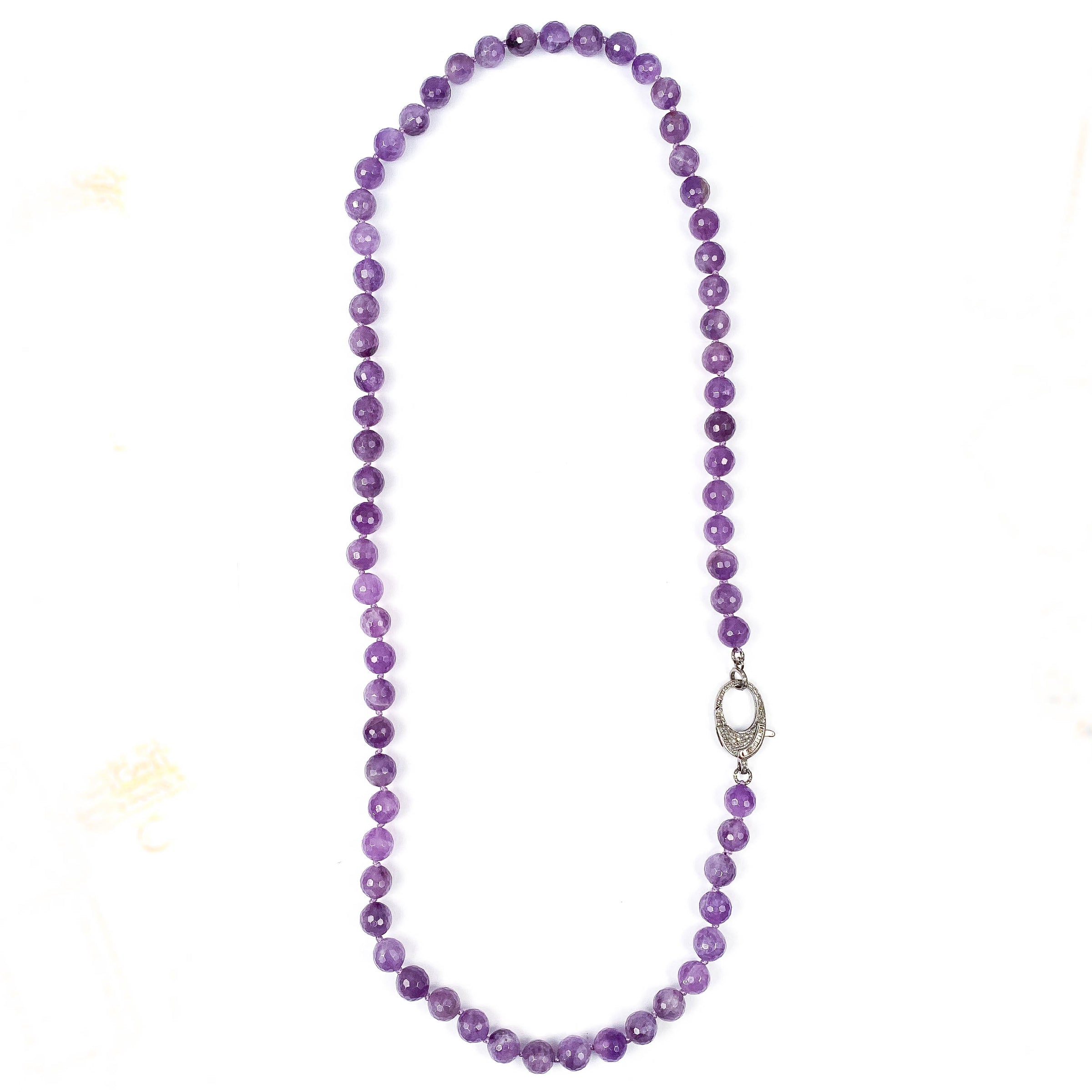 Amethyst & Pavé Baguette Diamond Clasp Hand-Knotted Necklace