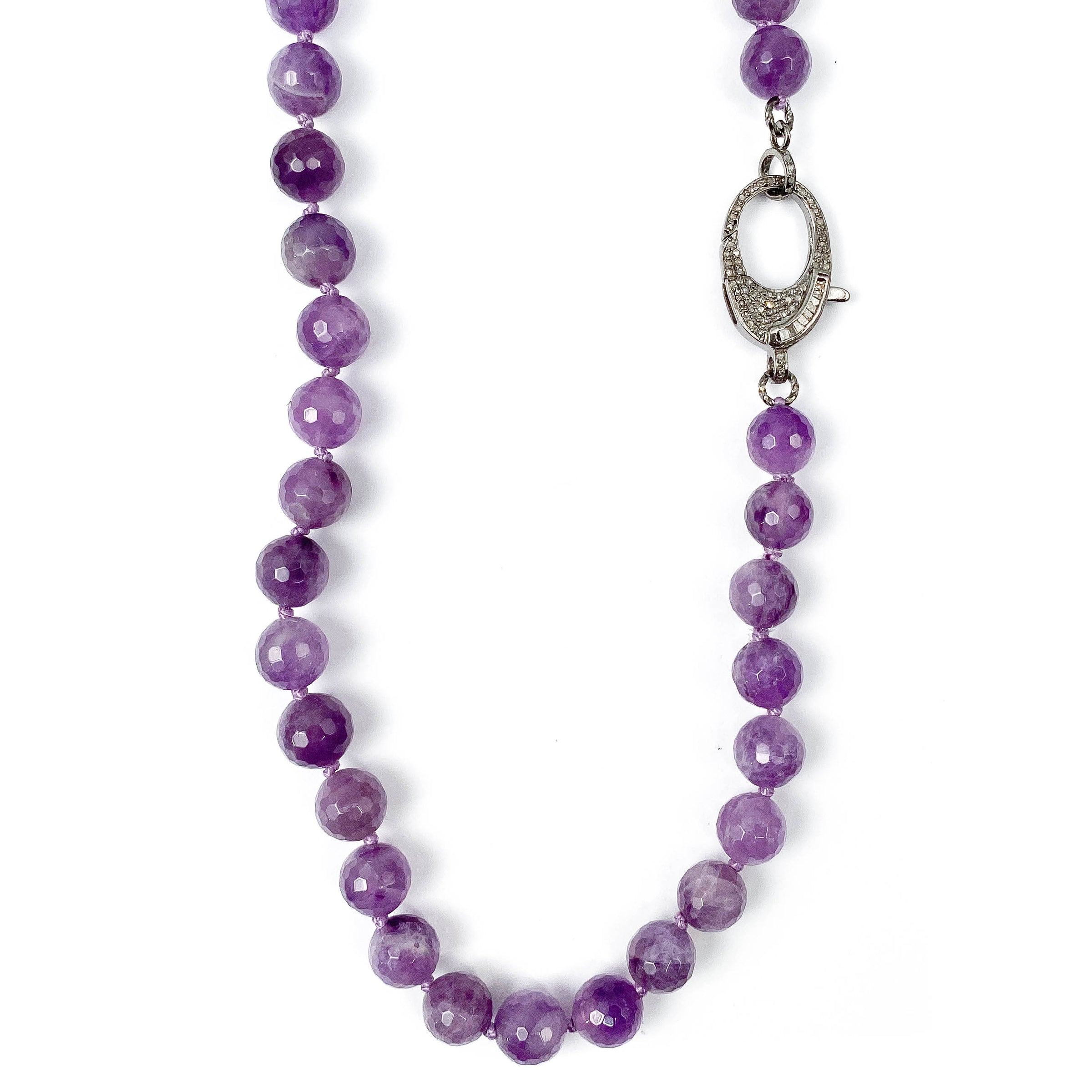 Amethyst & Pavé Baguette Diamond Clasp Hand-Knotted Necklace