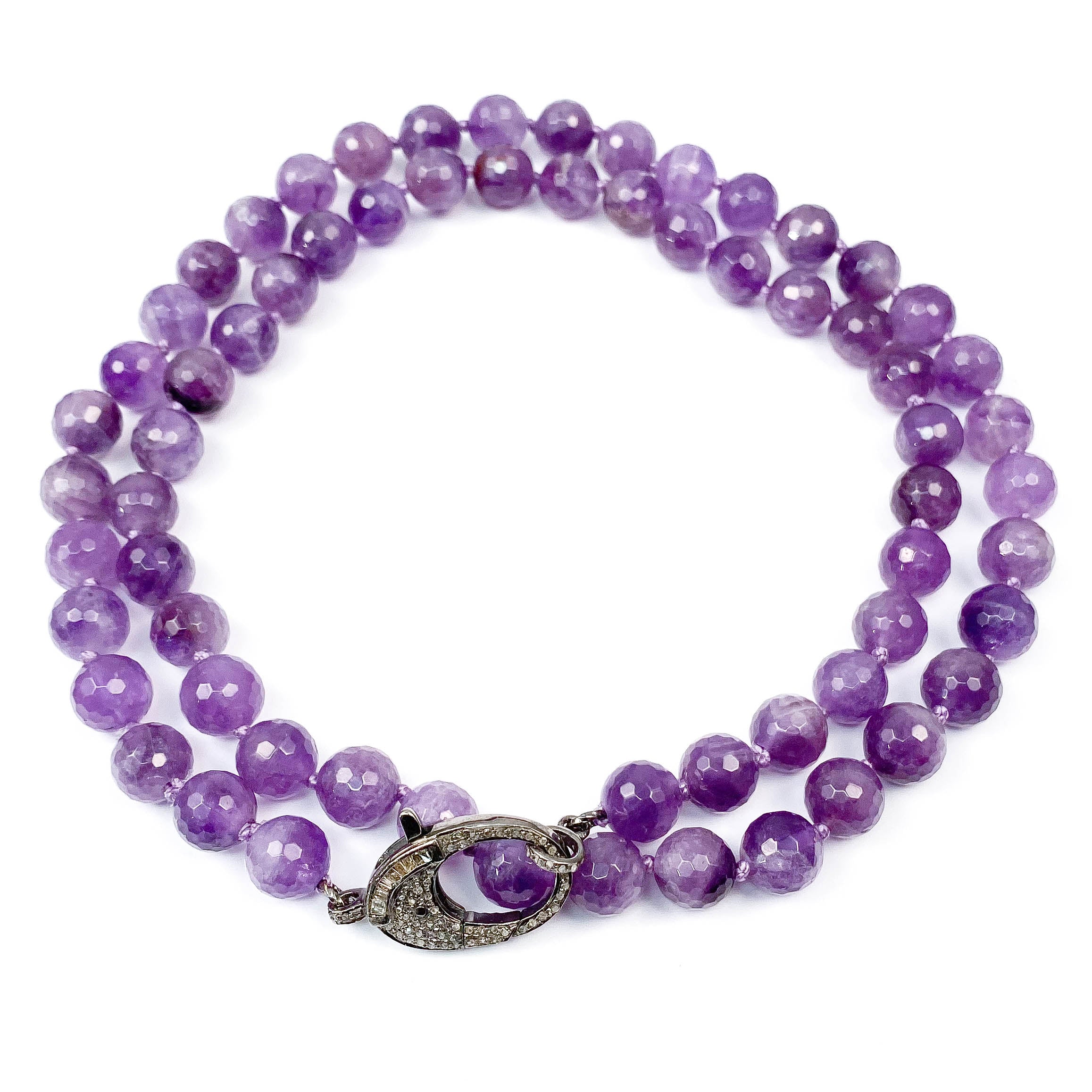 Amethyst & Pavé Baguette Diamond Clasp Hand-Knotted Necklace