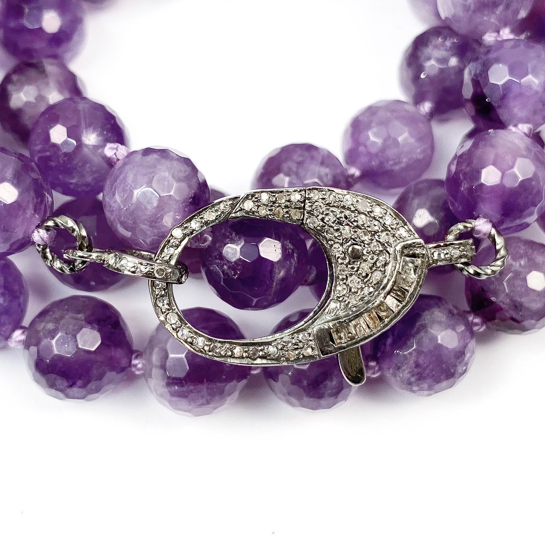 Amethyst & Pavé Baguette Diamond Clasp Hand-Knotted Necklace