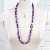 Amethyst & Pavé Baguette Diamond Clasp Hand-Knotted Necklace