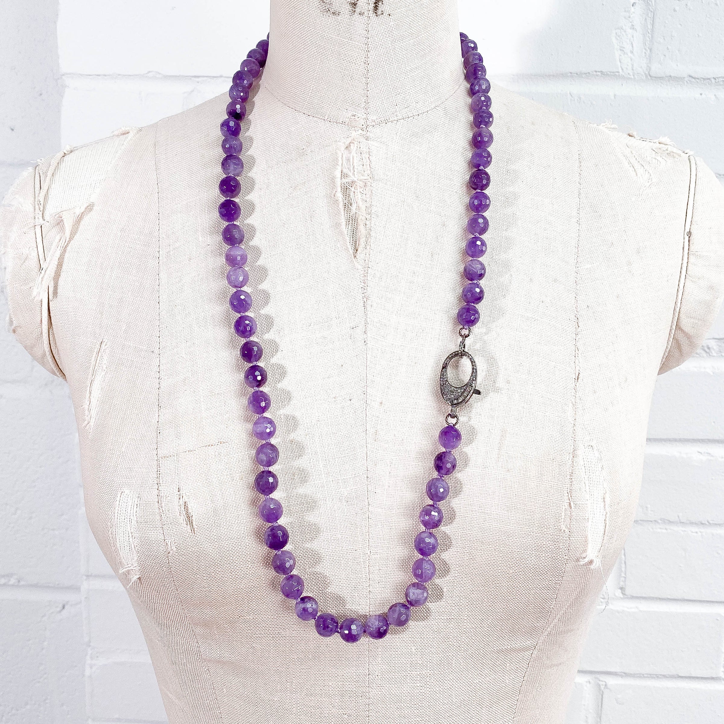 Amethyst & Pavé Baguette Diamond Clasp Hand-Knotted Necklace